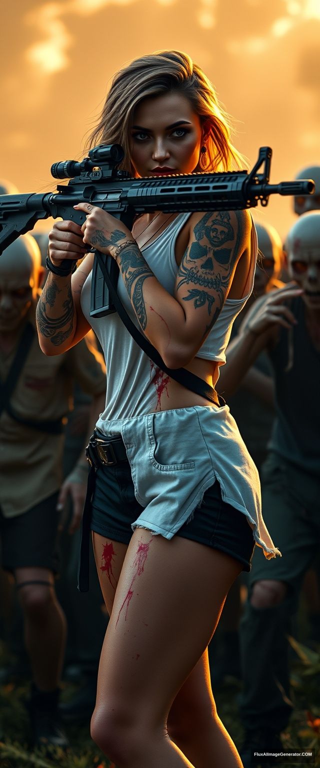 Portrait of a sexy woman in a white vest and black shorts, lots of gypsy style and skull pattern tattoos on her arms, her arm skin scratched, with splashes of blood on both arms and legs, holding an AR-15 rifle with both hands, aiming, surrounded by scary zombies in different clothes, golden hour lighting, ray tracing, global illumination, 4k.