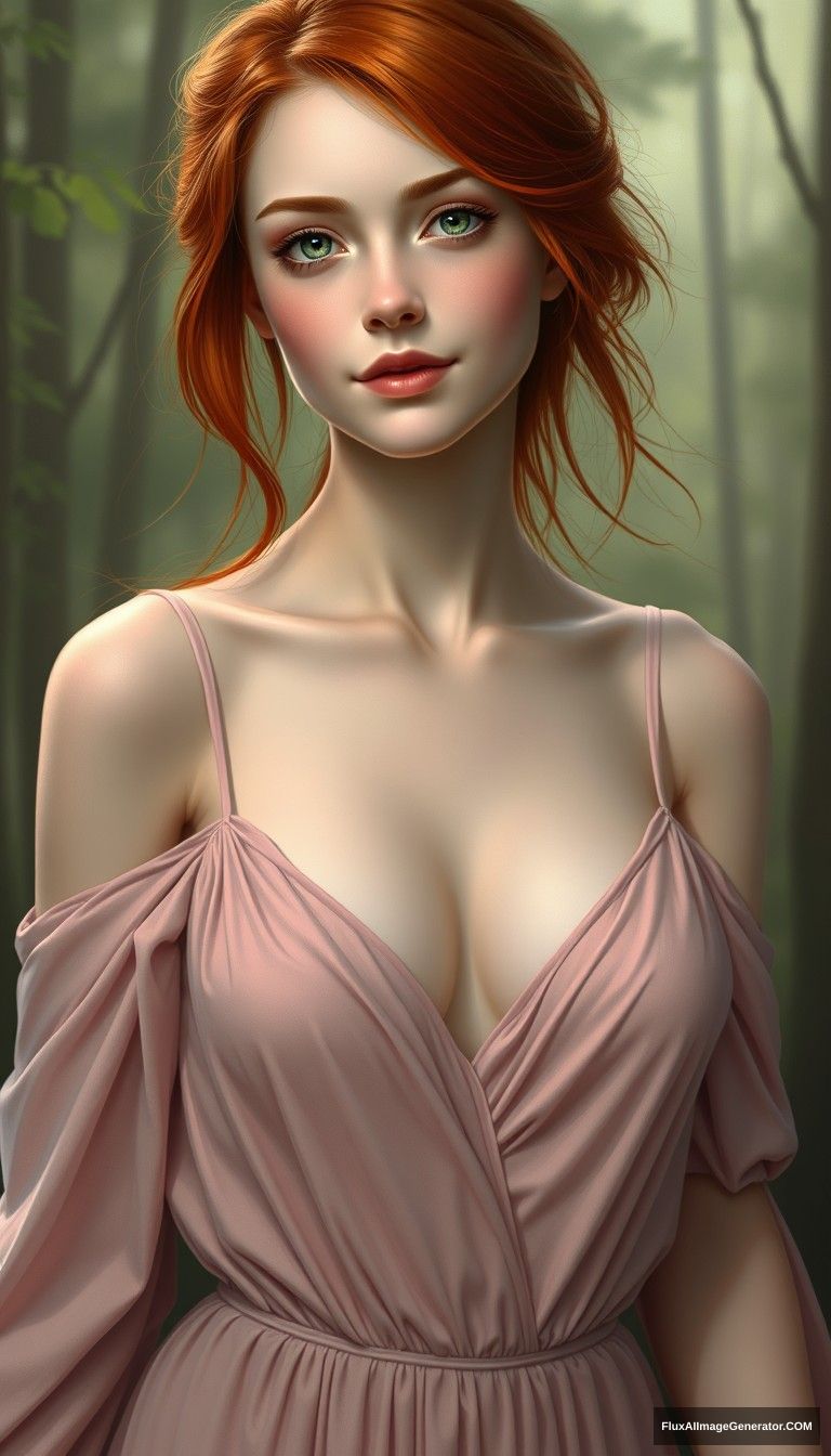 This is a highly detailed, hyper-realistic digital painting by an unknown artist. The subject is a young woman with pale, flawless skin and striking, vibrant red hair that cascades down her shoulders and back. Her hair is styled in a natural, flowing manner, with some strands framing her face. She has a delicate, almost ethereal appearance with large, almond-shaped green eyes, full lips, and a slight, almost imperceptible smile.

She is wearing a light pink, off-the-shoulder dress with a deep V-neckline that reveals a significant amount of cleavage, hinting at her modest breast size. The dress is made of a soft, flowing fabric that drapes elegantly over her slender frame. The dress has thin straps that are slightly wider at the shoulders, adding a delicate, feminine touch.

The background is a softly blurred, greenish-brown forest scene, suggesting a serene, natural setting. The lighting is soft and diffused, creating a gentle, almost dreamy atmosphere. The overall color palette is muted and earthy, with the woman's skin tone blending seamlessly with the background, enhancing the ethereal quality of the image. The painting is executed with meticulous attention to detail, capturing the subject's natural beauty and the serene, mystical atmosphere.