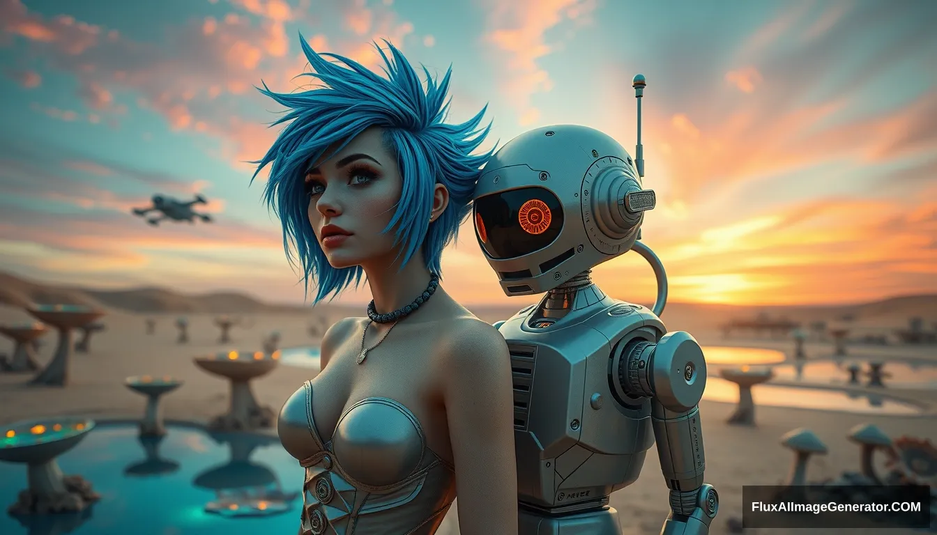 Cinematic photo of a couple in the intricate style of Enki Bilal: A deliciously attractive punk girl with electric blue spiky hair and a charming retro-futuristic robot. A small spaceship nearby. Scene: in a surreal alien desert adorned with iridescent fungi and shimmering lakes, all beneath a vibrant, dreamlike sky. Ray traced, textures, octane render. - Image