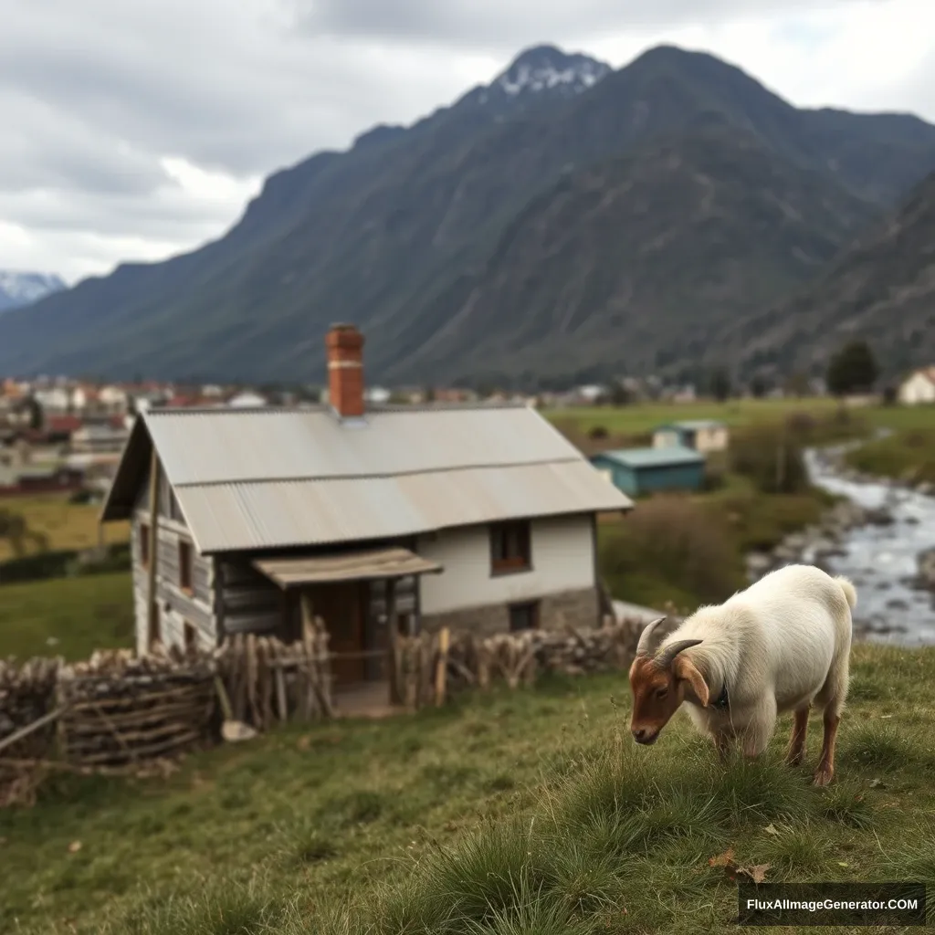 One house in the rural city has a mountain in the background and a river on the right side, with a goat eating grass.