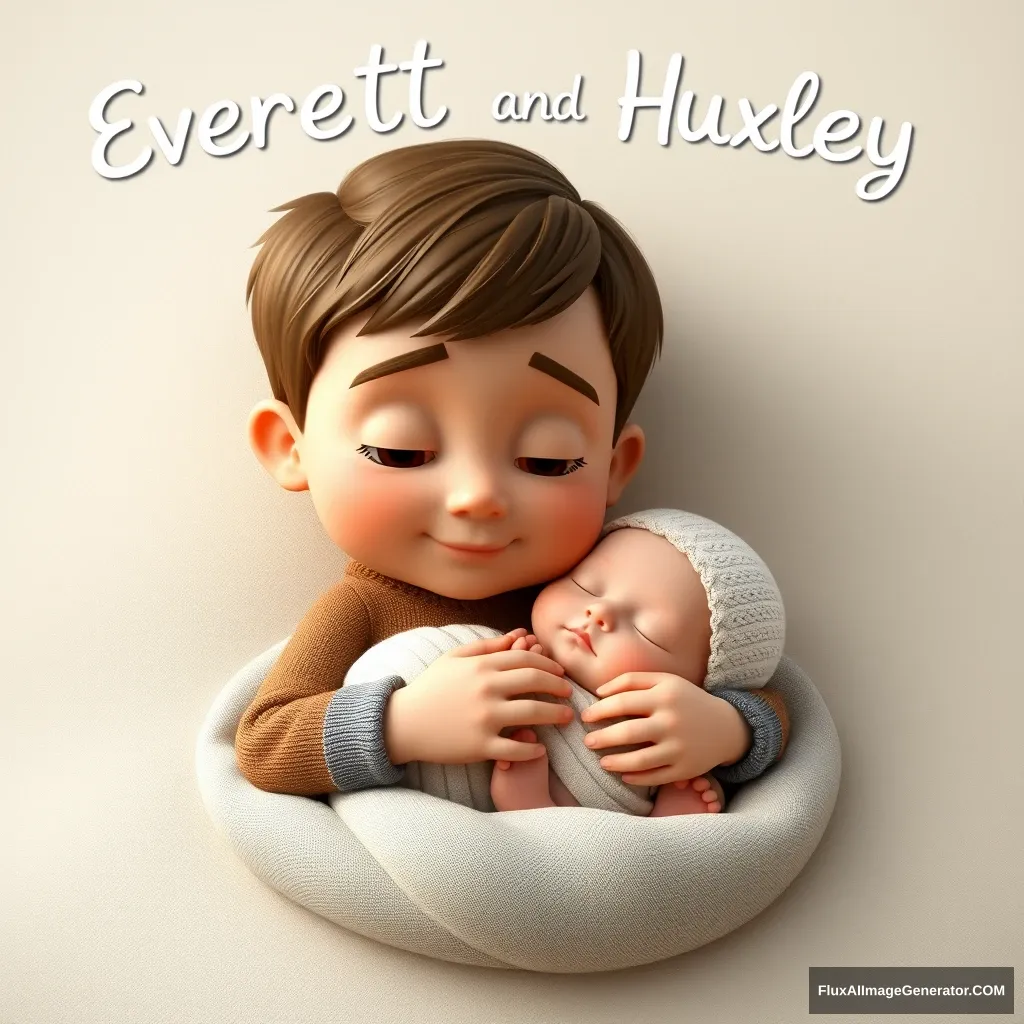 A 2 and a half year old boy cuddling his newborn baby brother. Above them float their names "Everett and Huxley". Pixar style, highly detailed 3D.