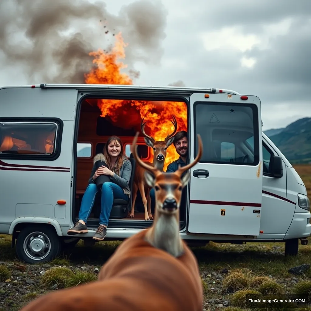 Gabriela and Marco, both in love, drive with their caravan to Scotland, have an accident with a deer, the van explodes, but both are okay, ultra 4K, real.