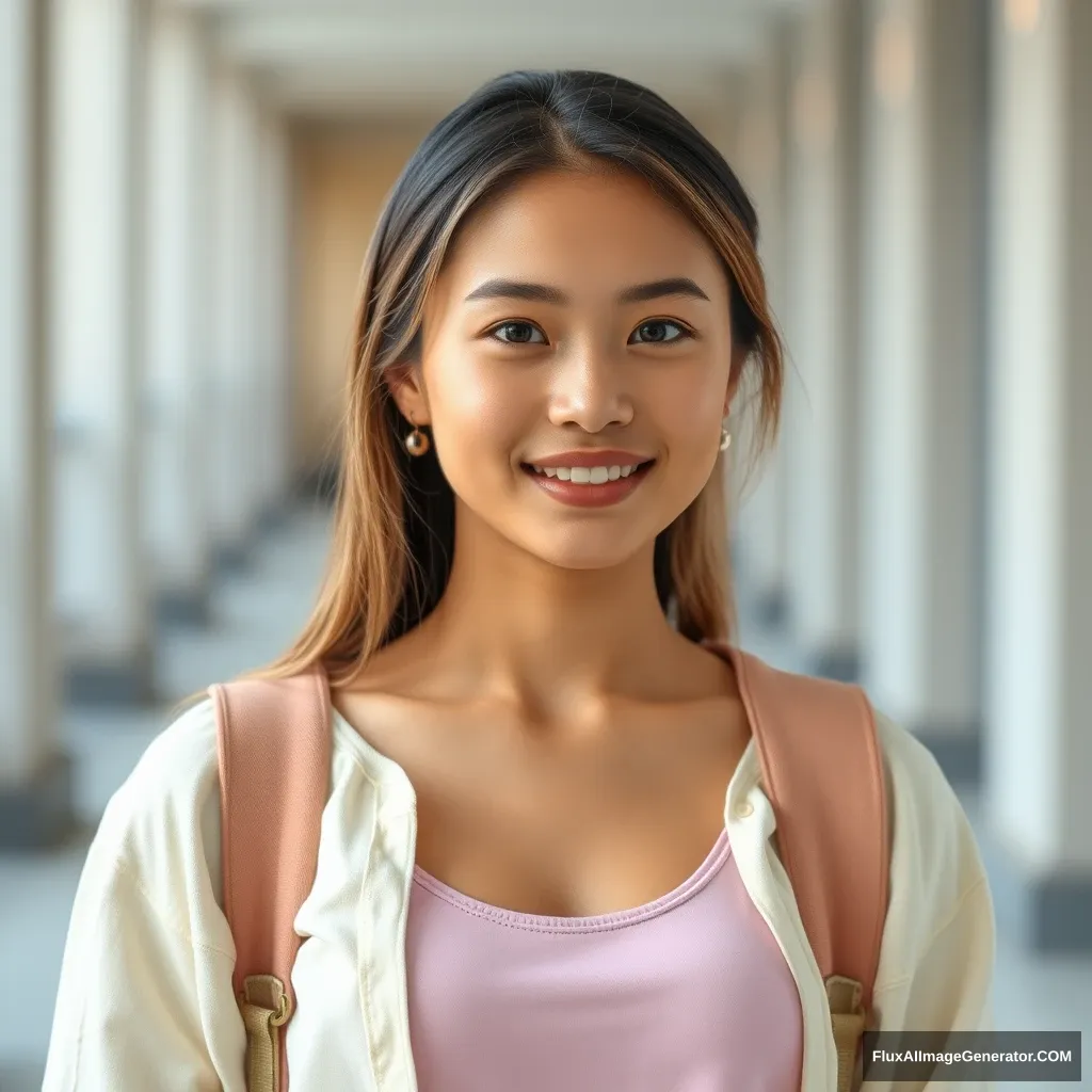 Young woman, professional photo, at college, pastel clothing, face and torso