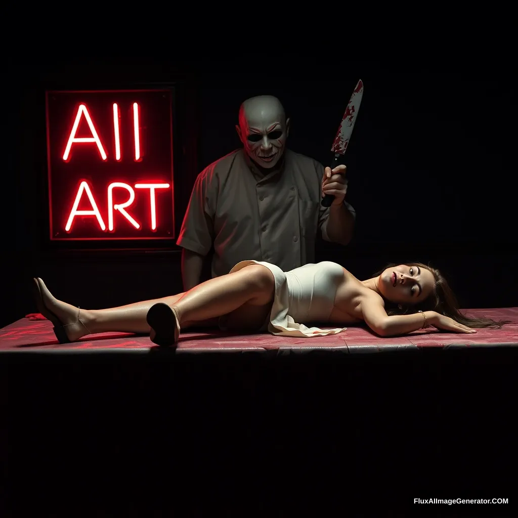 A woman lay on the butcher table, shoes on, at night. There is a neon sign that said: "AI ART." A horrible butcher with a mask stood behind in the dark, holding a bloody butcher's knife in his hand. - Image