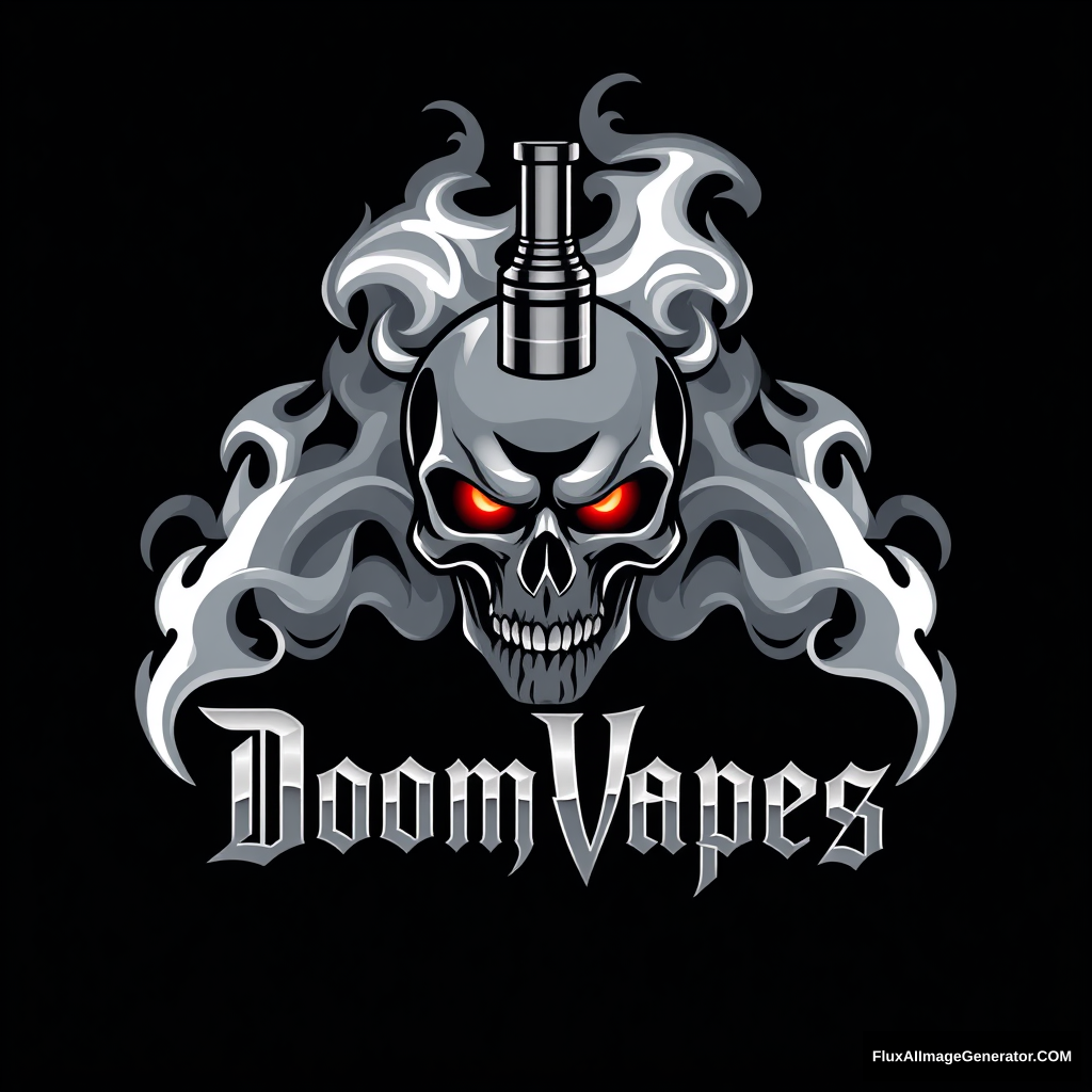 Sleek, menacing logo for DoomVapes, an equipment and content company. Stylized smoke forms a skull with glowing red eyes, emerging from a metallic vape pen. Gothic lettering in chrome. - Image