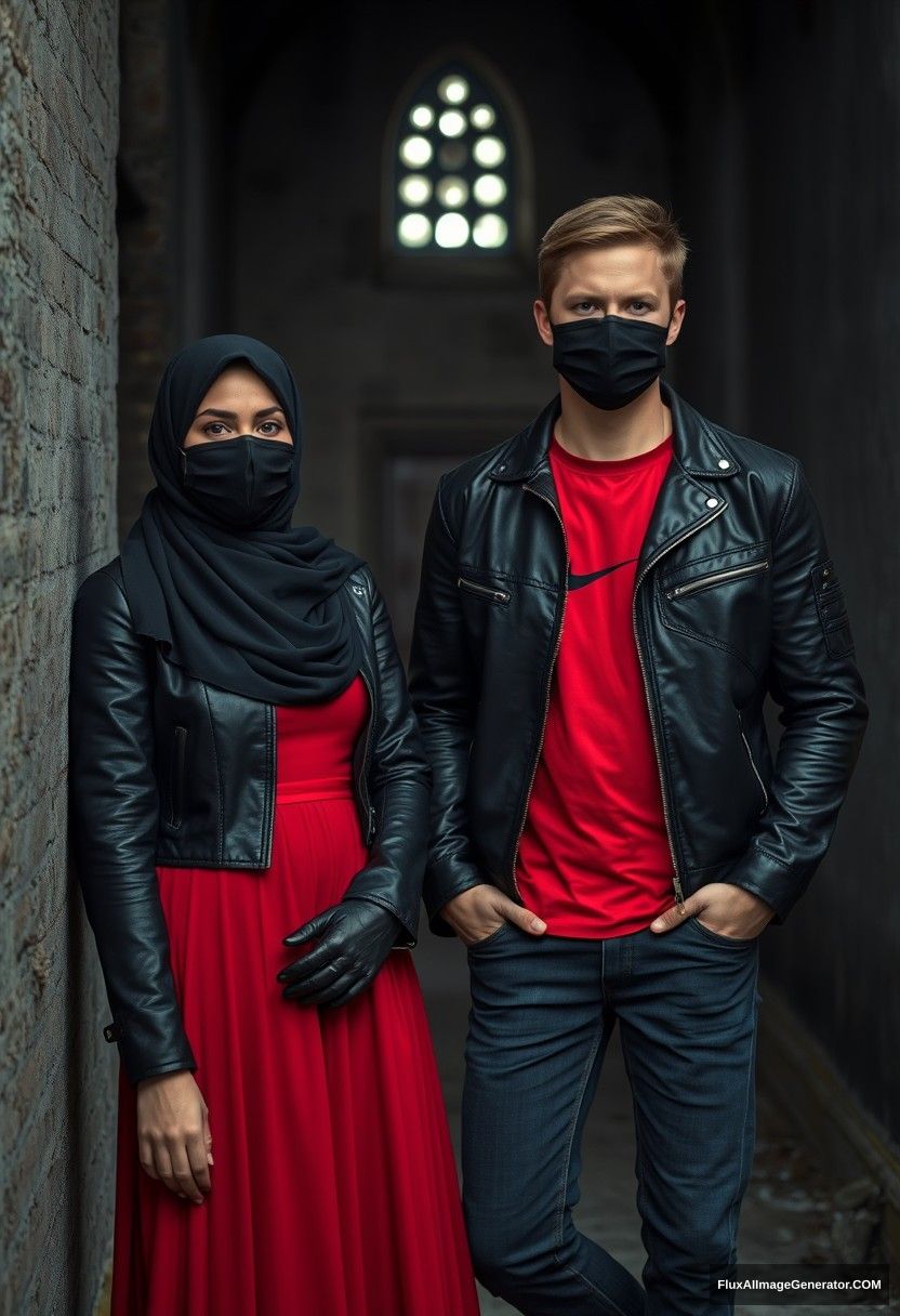 A biggest black hijab girl, beautiful eyes, black face mask, black leather jacket, biggest red longest dress, not tall,

Jamie Dornan, handsome, black face mask, fit and tough body, Nike red t-shirt, black leather jacket, jeans, tall man,

standing lean against the wall together,
Hyper realistic, photorealistic, studio photography, Victoria's abandoned castle, gloomy, darkness.