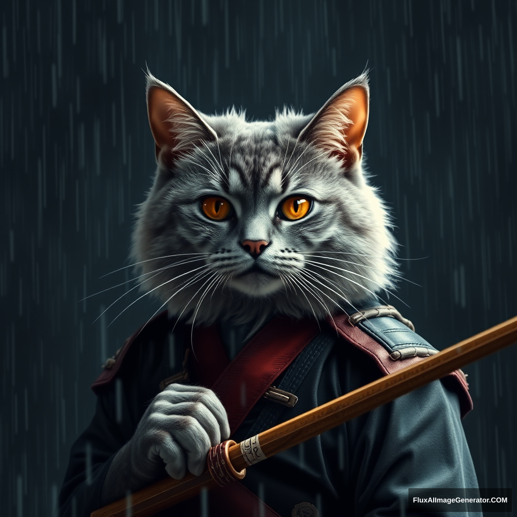 "A gray British cat samurai in the rain, dark background with spot lighting, retro style." - Image