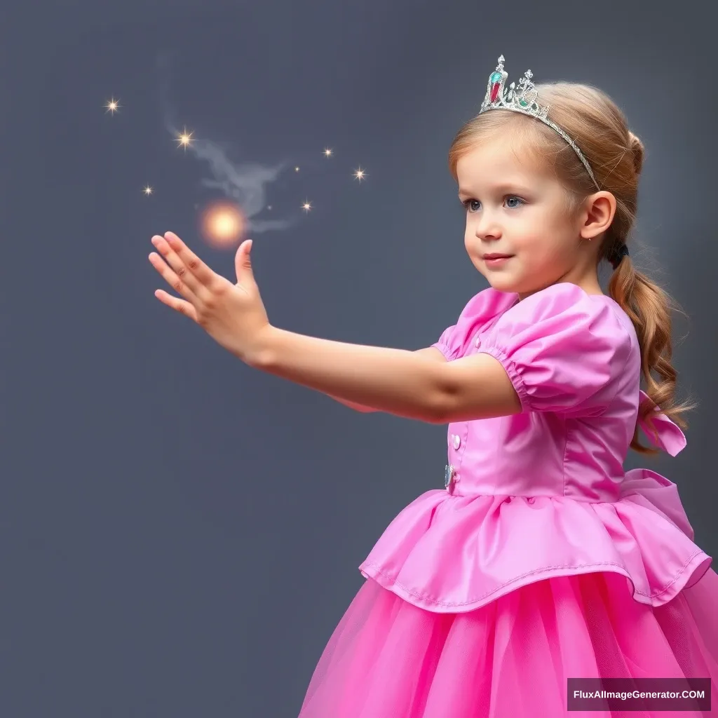 A little princess wearing a pink dress is casting a spell.