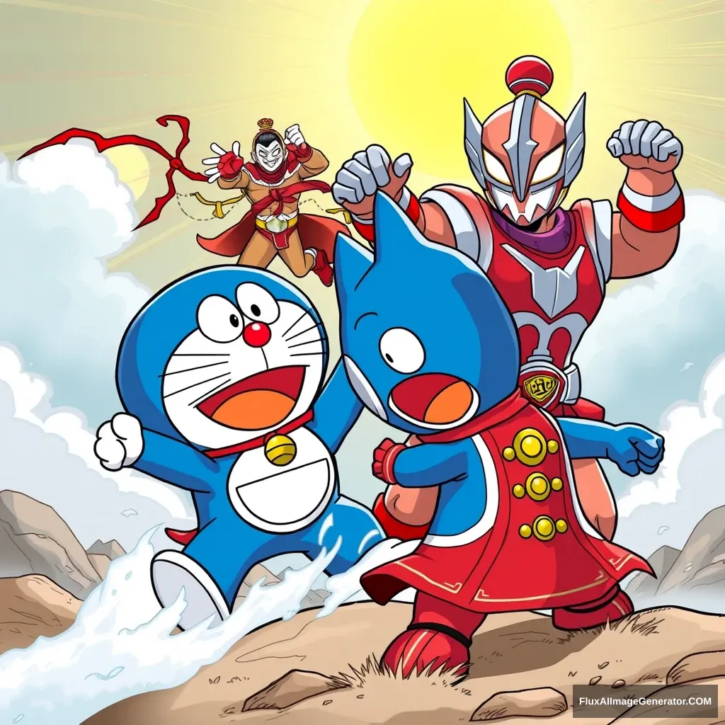 "Doraemon is being chased and beaten by Sun Wukong, and Ultraman comes to save Doraemon but is bitten by the Howling Celestial Dog."