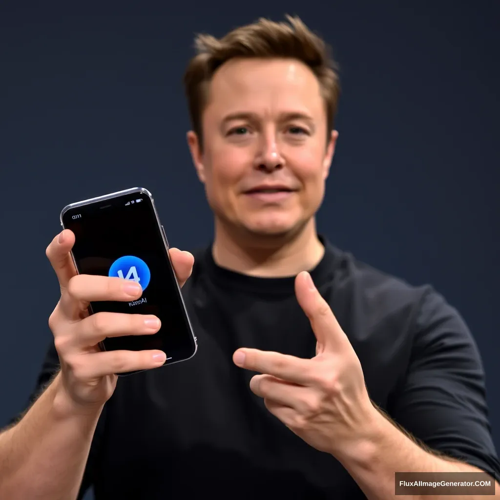 Elon Musk holds a phone and the phone screen shows the KainoAI app, which has a blue style.