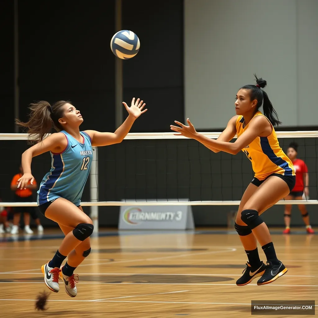 A volleyball team drops a ball because two players appear to catch it but fail to do so.