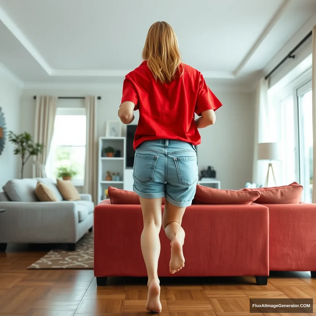 Back view of a blonde skinny woman who is in her massive living room wearing a massively oversized red polo t-shirt which is very off-balance on one of the shoulders and wearing oversized light blue denim shorts that aren't rolled up, and she is wearing no shoes or socks. She faces the camera while getting off her chair and runs towards the camera.