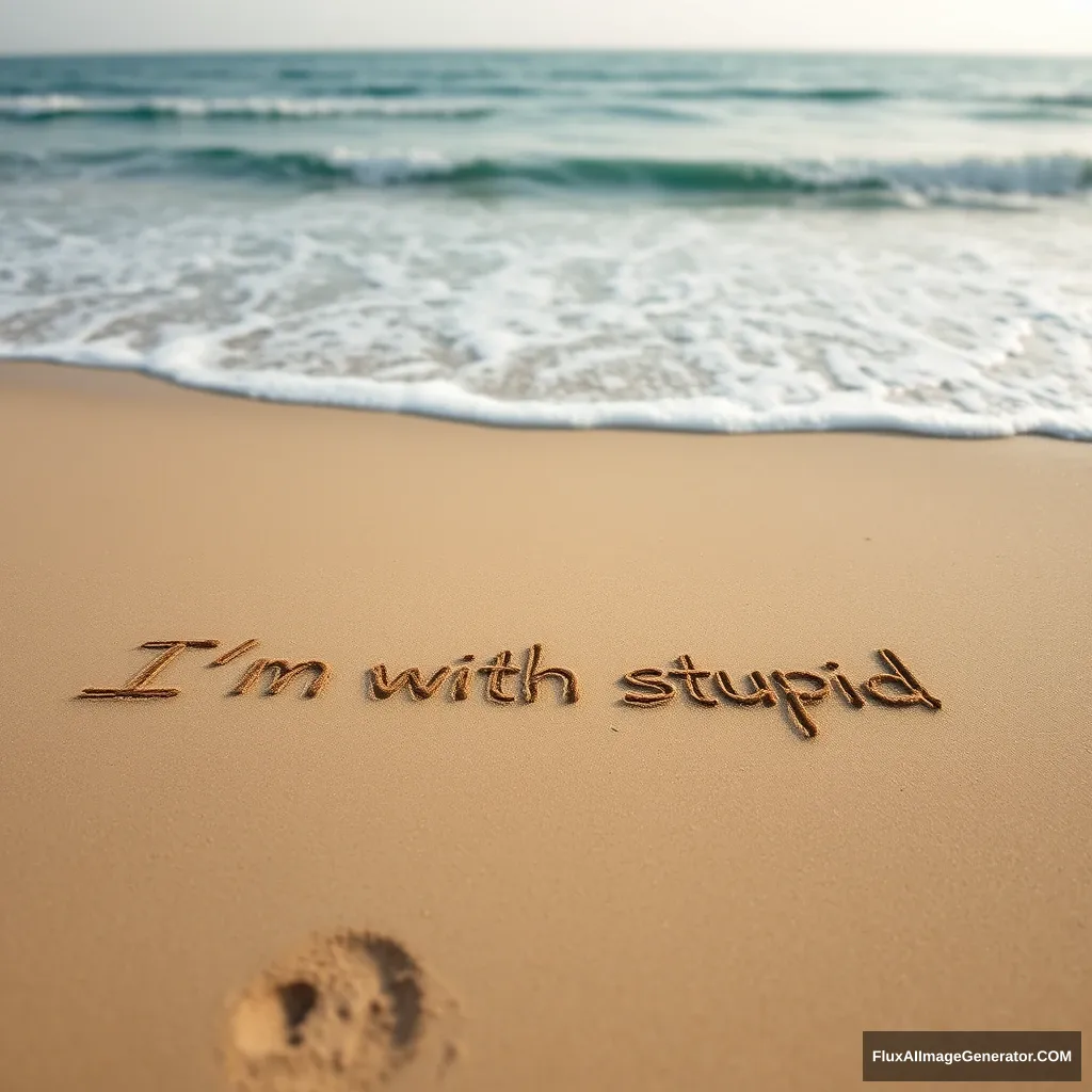 A beach, with "I'm with stupid" written in the sand, ocean in the background.