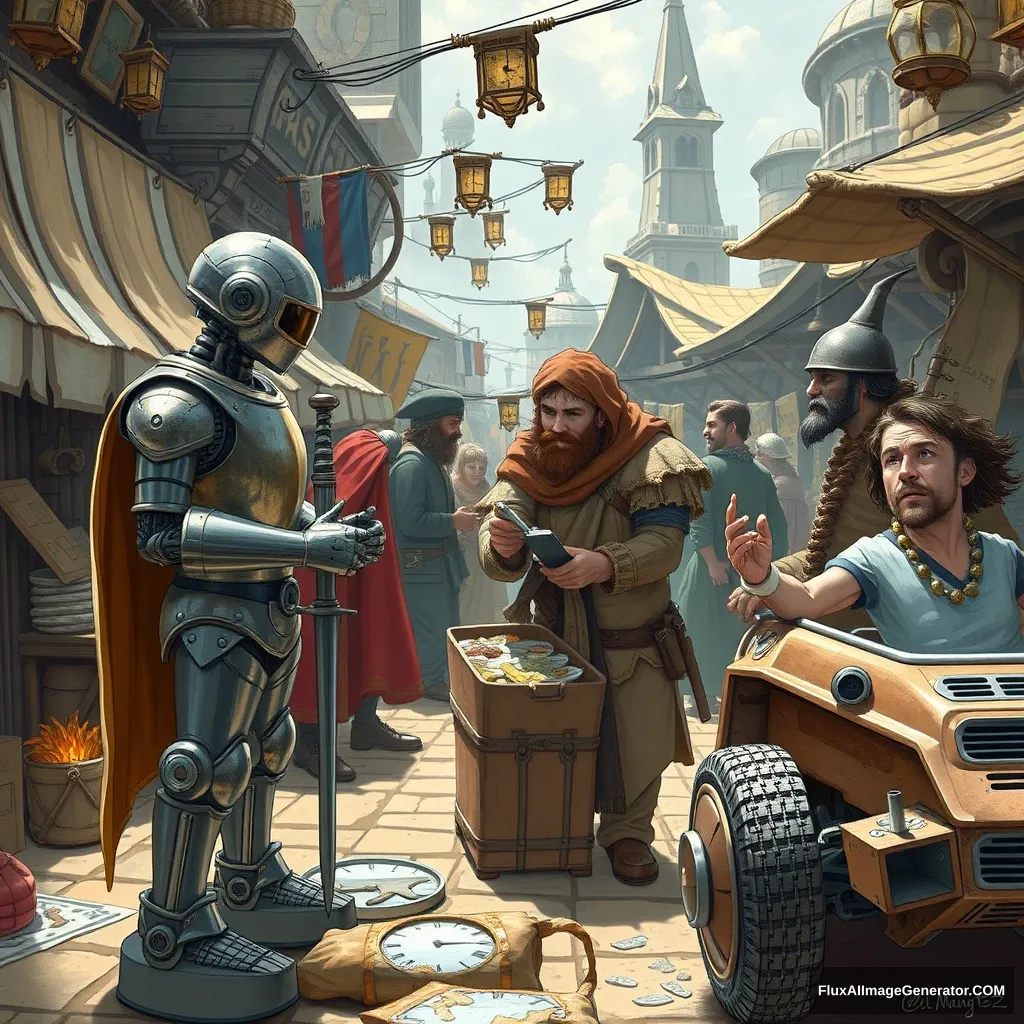 "A bustling marketplace where merchants from various time periods trade goods: a robot bartering with a medieval knight, while a caveman examines a hover-car." - Image