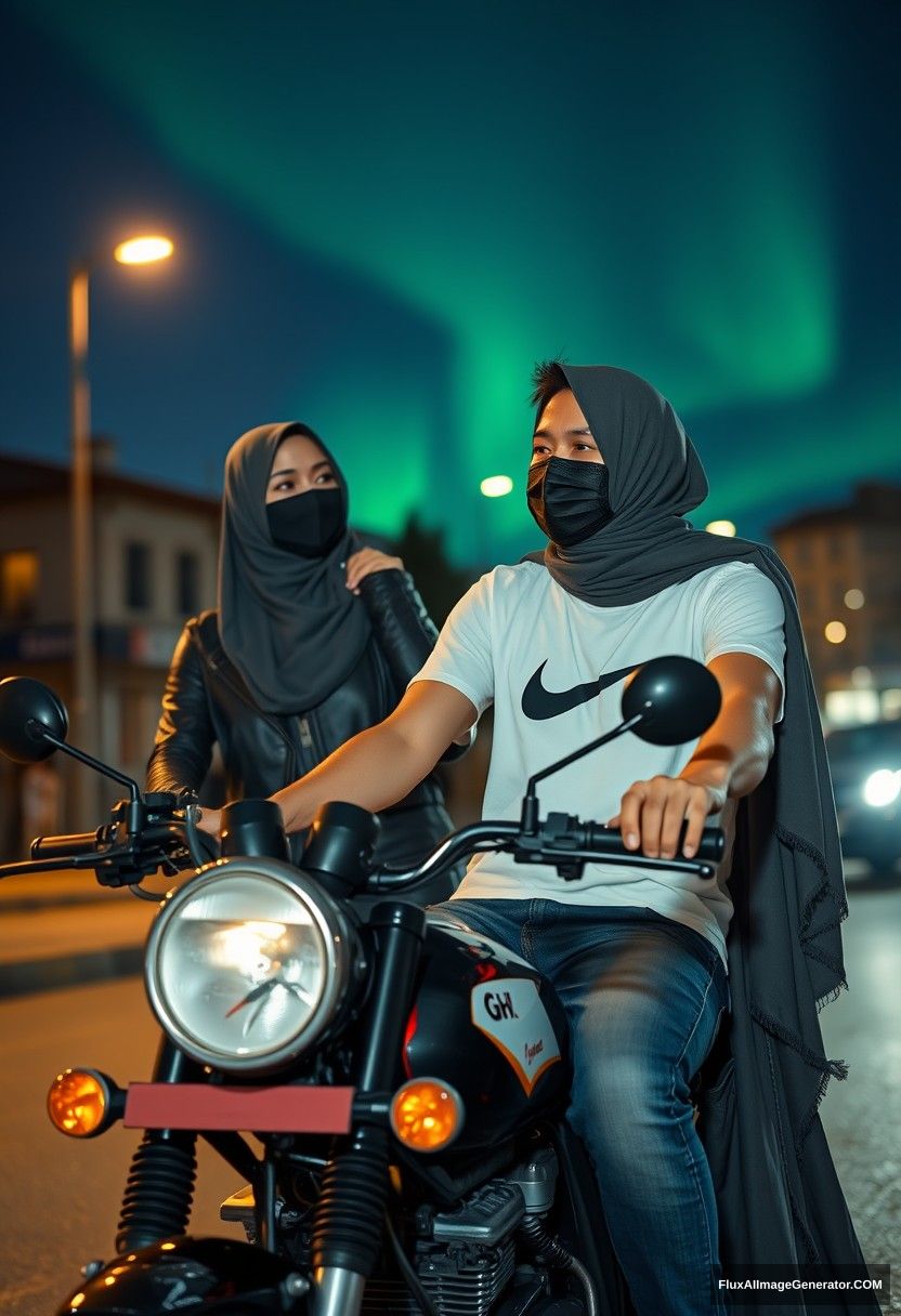 Jamie Dornan, tall, young, black face mask, white Nike t-shirt, jeans, riding a motorcycle

dating romantically with a gray hijab-wearing Muslim girl, beautiful eyes, black face mask, leather jacket, very long and wide skirt, not a tall girl,

riding motorcycle in town, photorealistic, street photography, night scenery, aurora borealis.