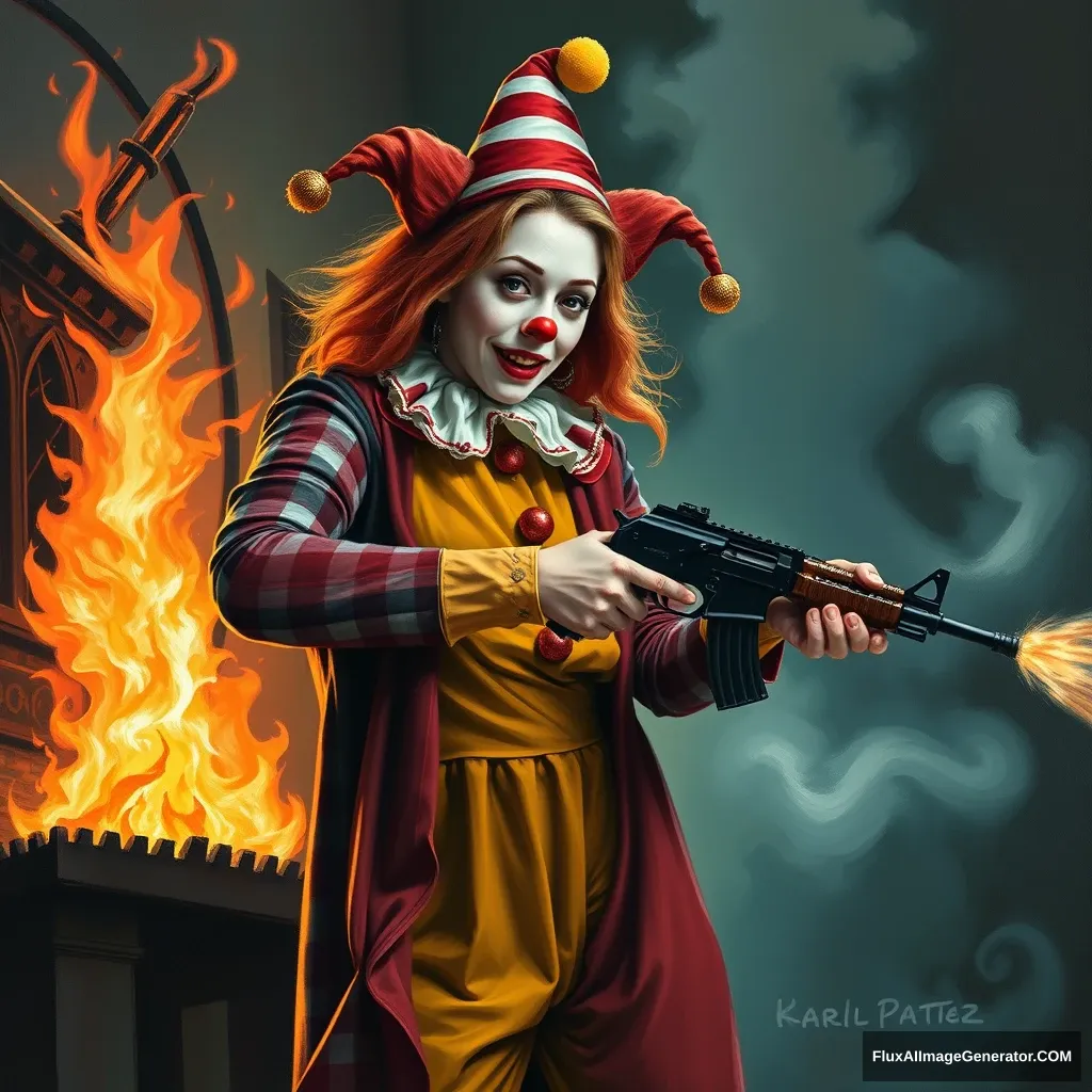 I want a painting of Scarlett Johansson wearing a clown costume while putting out a fire at Hogwarts. While doing so, Harry Potter is trying to prevent her from doing so using an AK47. - Image