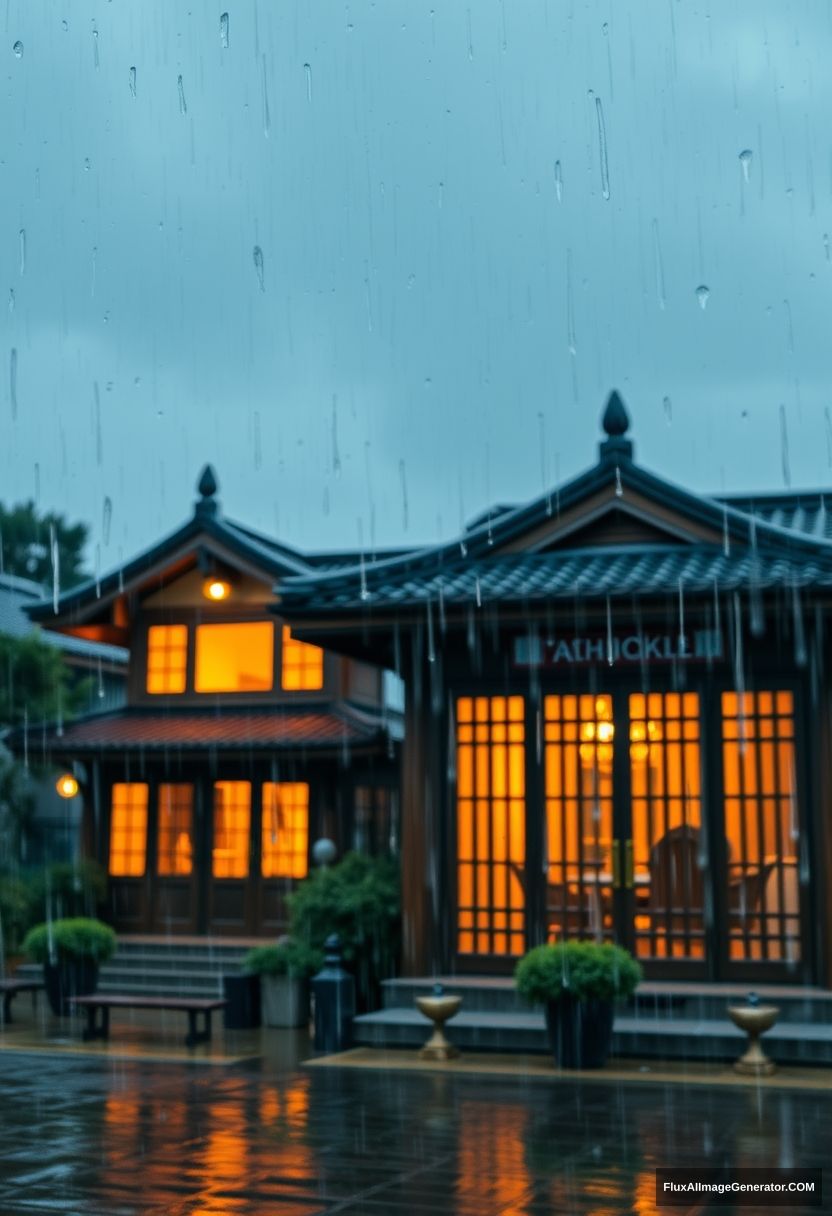 Outside view, rainstorm, a total of Oriental cabins, exquisite detail design house, warm colored lighting windows, aesthetic sense, comfortable, comfortable, relaxed, master composition. - Image