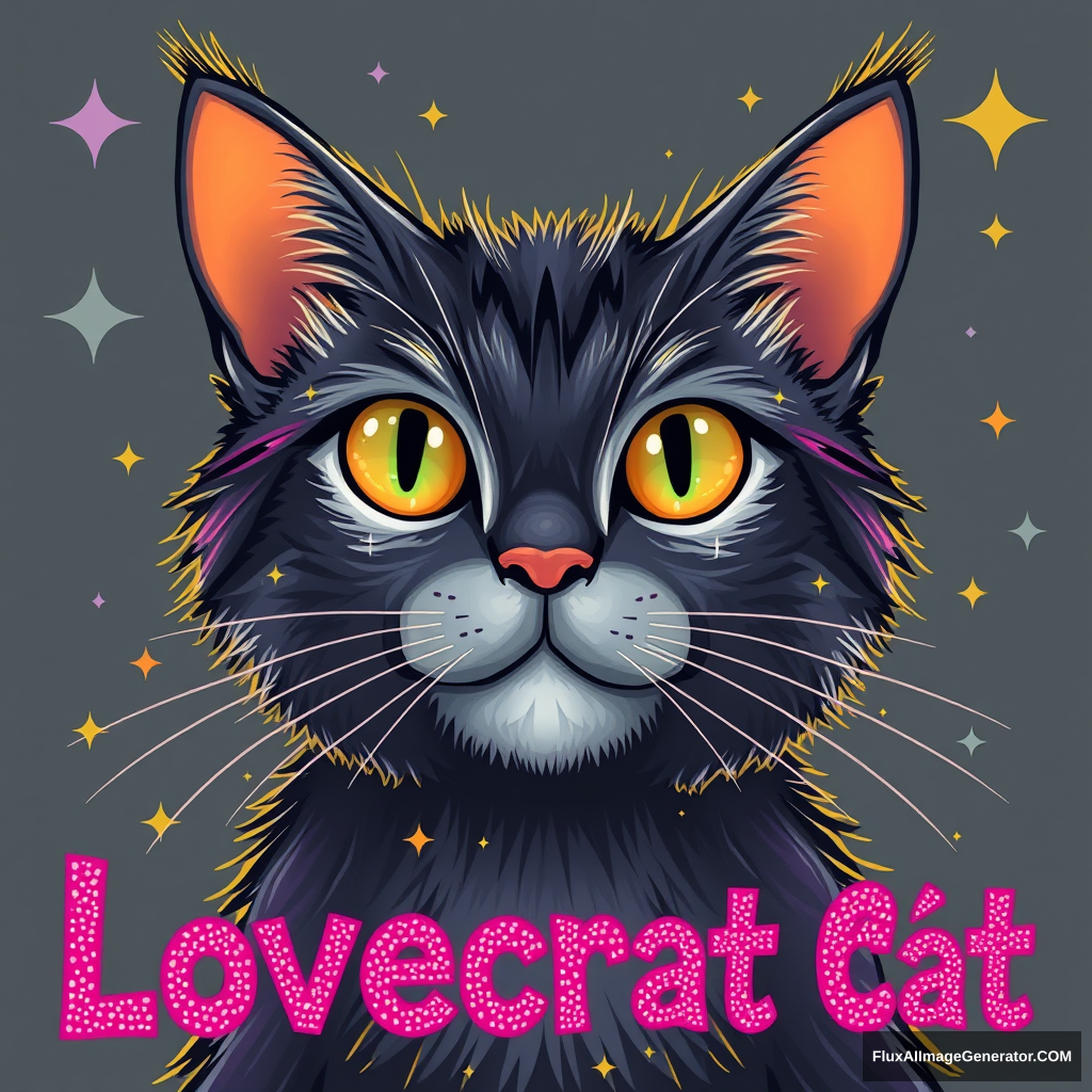 Quirky cute fancy colorful sparkly bright text saying the name of Lovecraft's cat