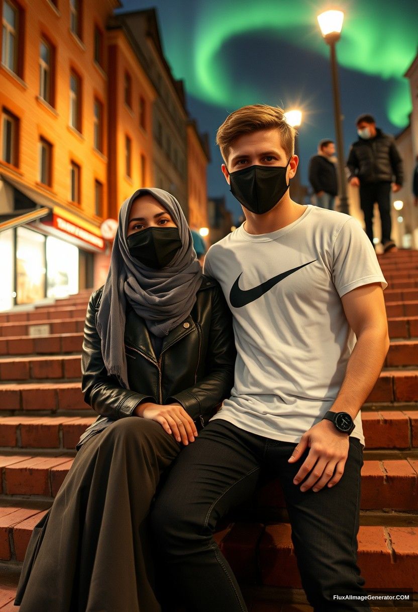 Jamie Dornan, tall and handsome, wearing a black face mask, a white Nike T-shirt, and jeans,

dating a beautiful Muslim girl in a grey hijab, with beautiful eyes, wearing a black face mask, a leather jacket, and the longest and biggest skirt, who is not tall,

sitting on brick stairs in town, photorealistic street photography, selfie photos, night scenery, aurora borealis. - Image