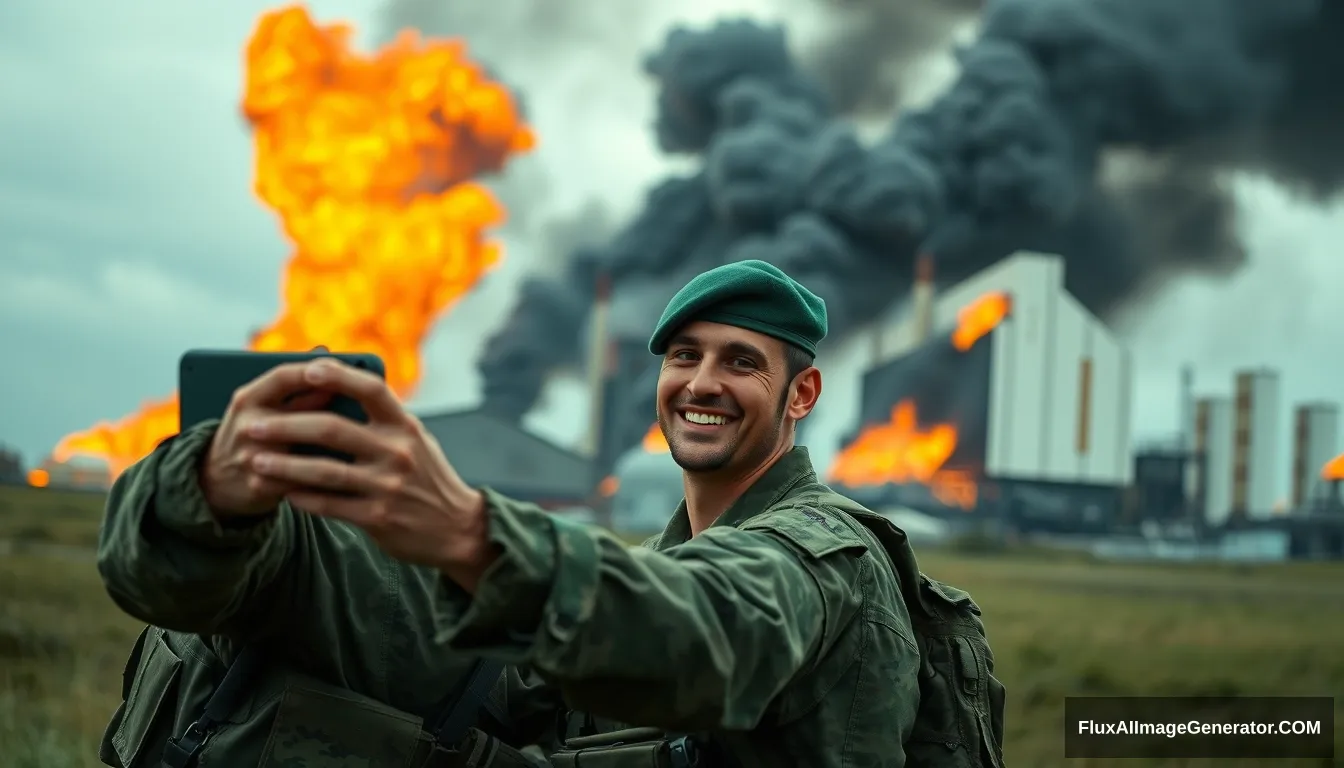 Create a realistic image of two smiling soldiers in military uniform taking a selfie with a smartphone. The photo should have the typical quality of a phone camera, including slight blur and lower resolution. Behind them, a large industrial complex is engulfed in flames and thick black smoke rises into the sky. The soldiers are wearing green camouflage uniforms, one with a green beret. The setting is an open field near the industrial site, with a sense of tension yet camaraderie between the soldiers.