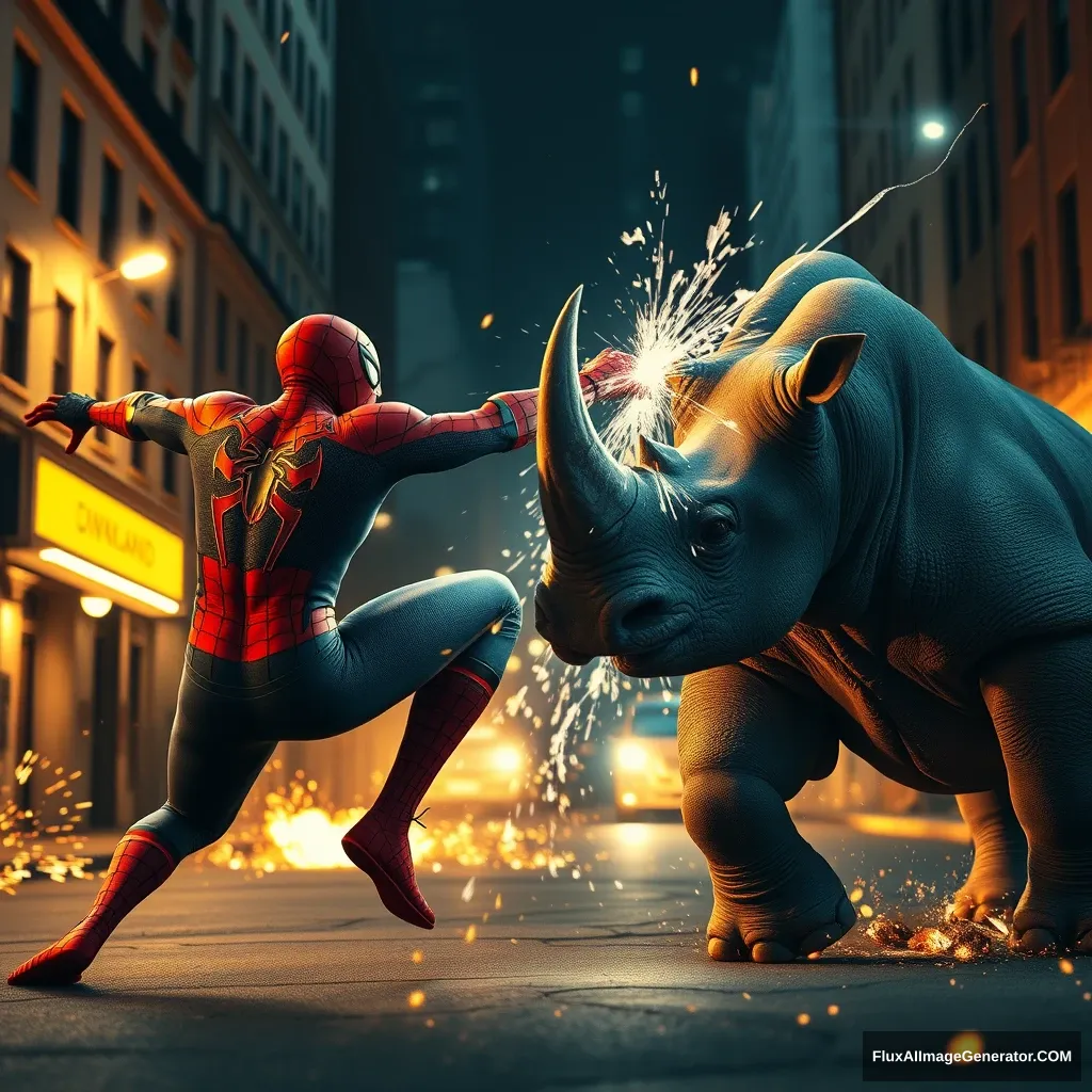 spiderman fighting rhino, lighting, sparks, fire, destruction, streets, cinematic lighting, full body shot, hyperrealistic, quality