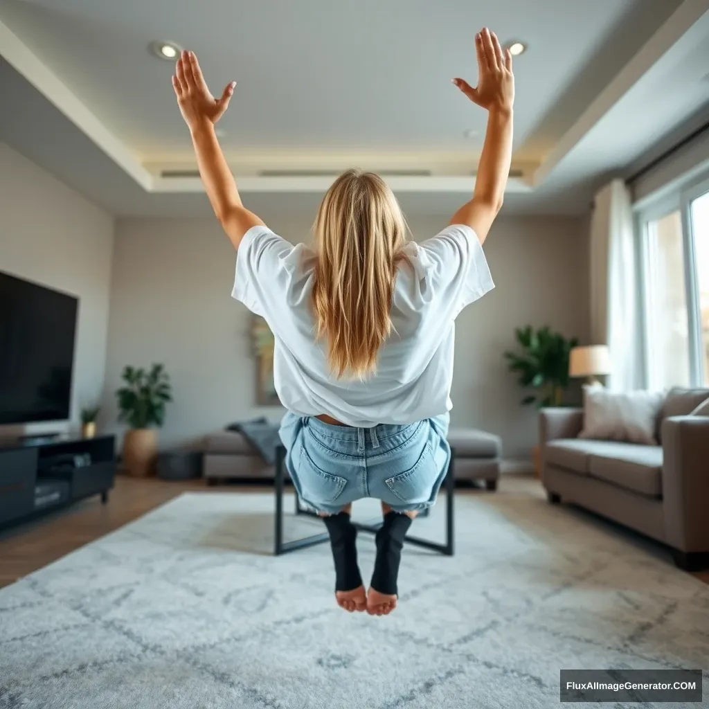 Side view of a skinny blonde woman in her large living room, wearing an extremely oversized white t-shirt that is askew on one shoulder, paired with oversized light blue denim shorts that are unrolled. She wears ankle-high black socks with no shoes. Facing her TV, she dives headfirst with both arms raised below her head, which is looking up, while her legs are in the air at a -60 degree angle.