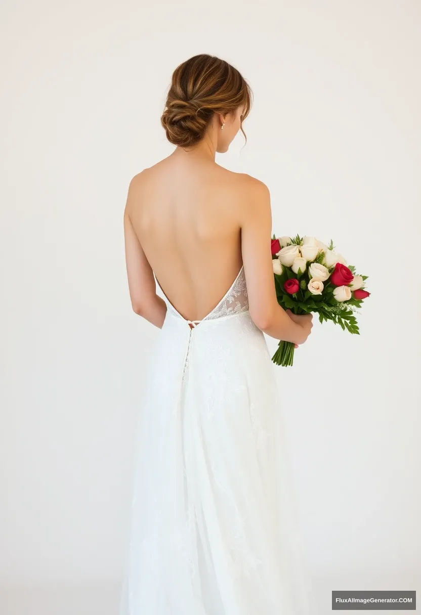 a young woman, sensitive, delicate, ashamed, backless strapless low-waisted airy wedding dress