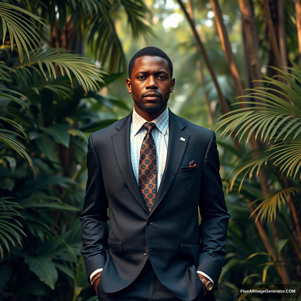 hyper realistic full body picture of an african man wearing a suit, standing in the middle of the jungle - Image