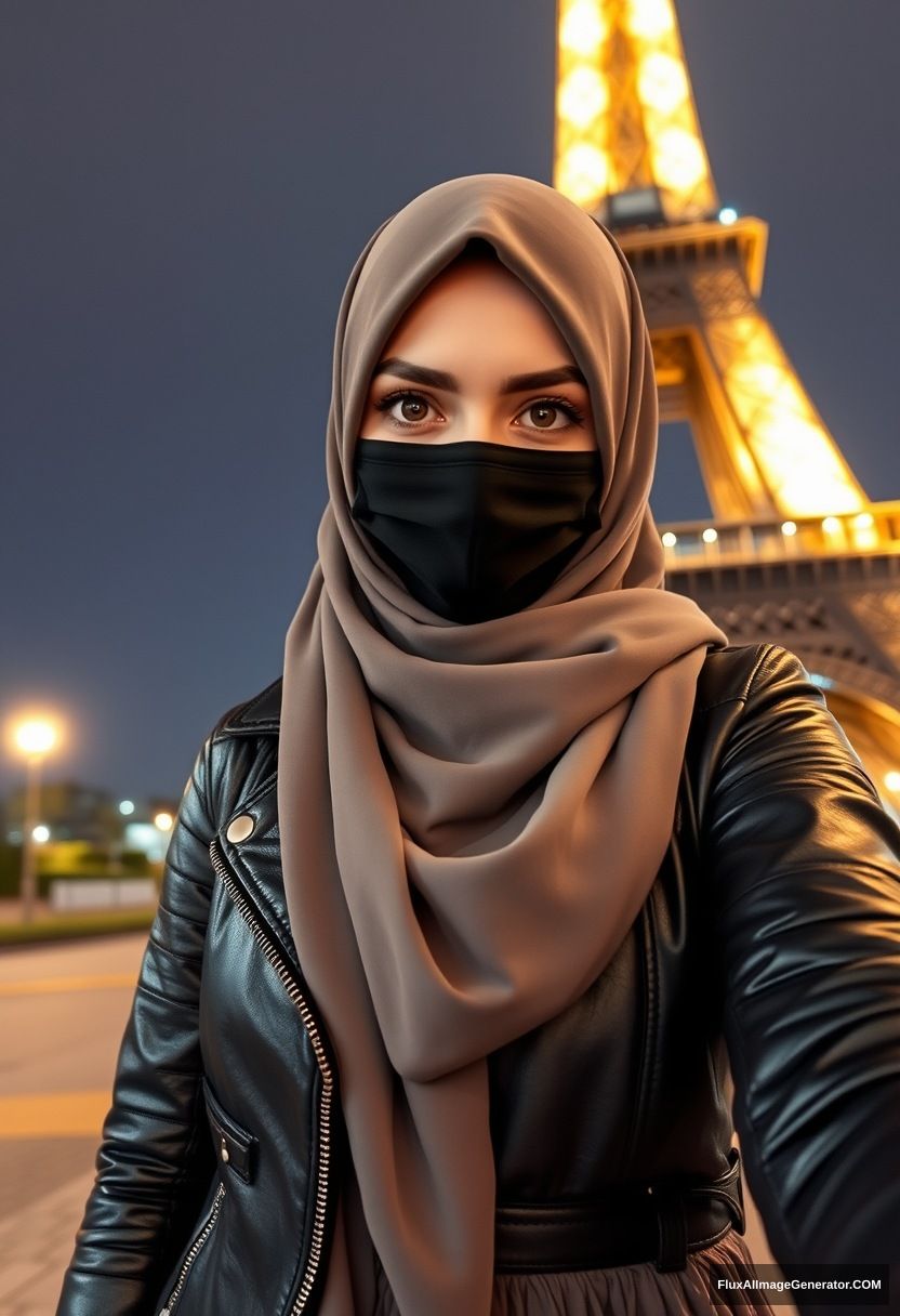 Biggest grey hijab Muslim girl, beautiful eyes, black face mask, leather jacket, biggest longest skirt, standing near the Eiffel Tower, night scenery, hyper-realistic, photorealistic, selfie photos.