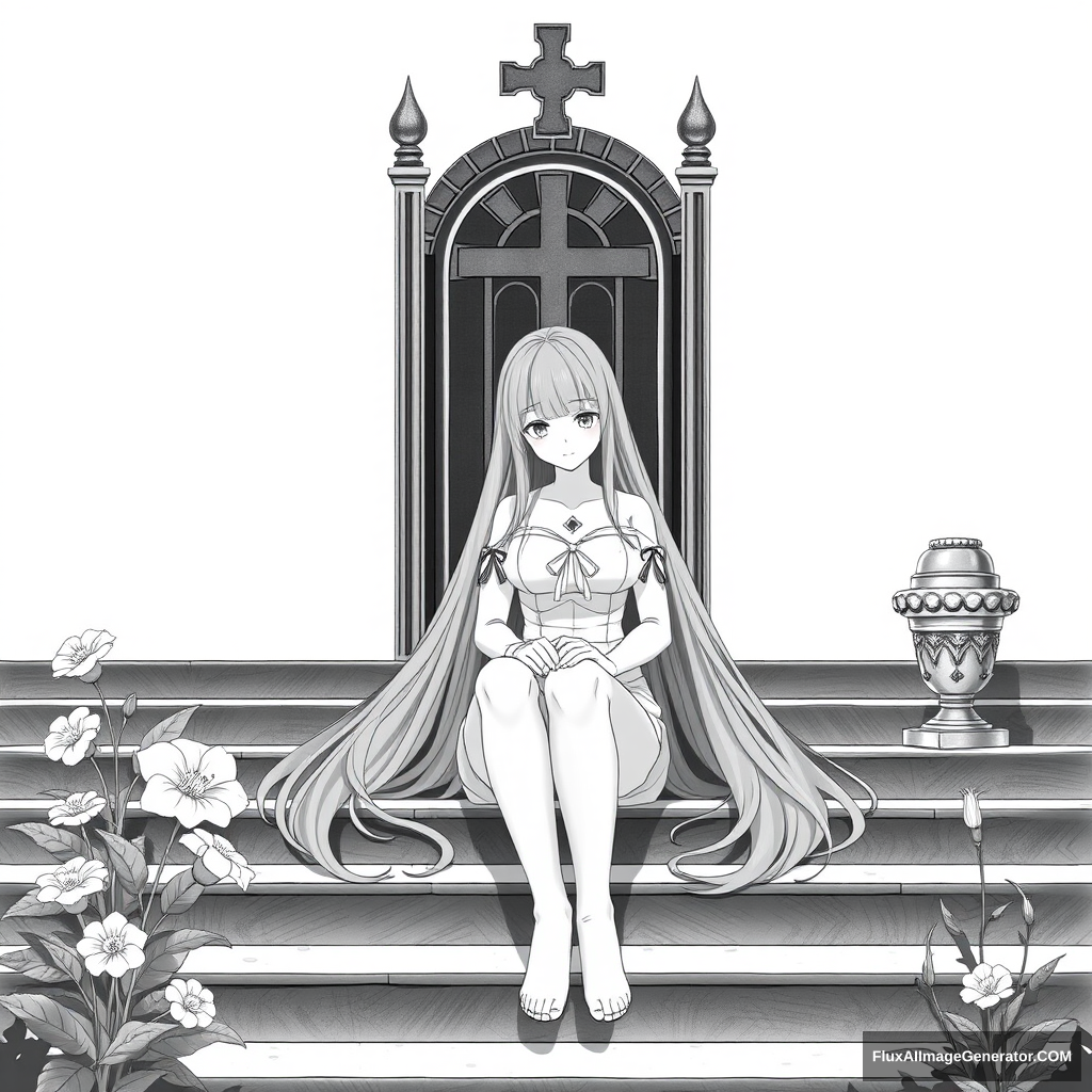 1 girl, solo, long hair, breasts, sitting, monochrome, flower, cross, plant, stairs, throne, statue - Image