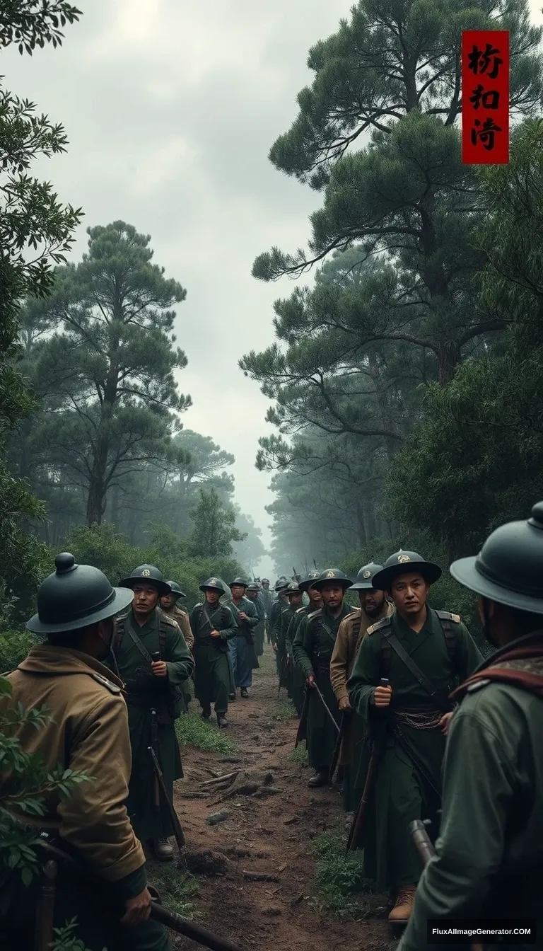 In the background of the Song Dynasty in China, soldiers are looking around anxiously and confusedly in a dense forest. The trees are thick, the path is unclear, and the sky is becoming overcast, seemingly indicating their predicament. - Image