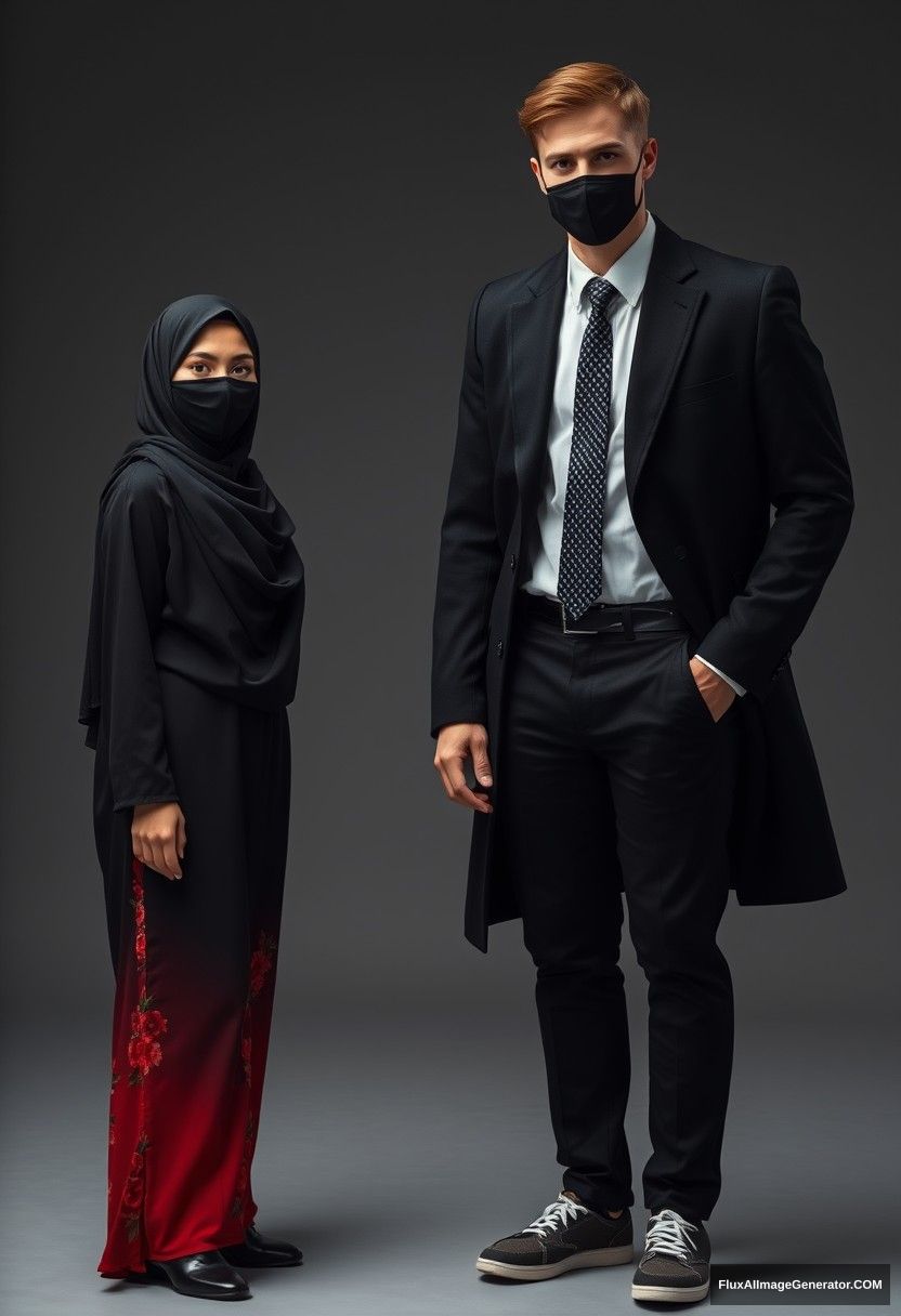 A biggest black hijab girl, beautiful eyes, face mask black, biggest red floral longest dress, not tall, standing near him, love holding his arm,

Jamie Dornan body and face shot, handsome, youngest, face mask black, fit and tough body, black coat suit, white shirt, black patterned tie, tall man, sneaker, love standing near her,

Hyper realistic, studio photography, photorealistic.