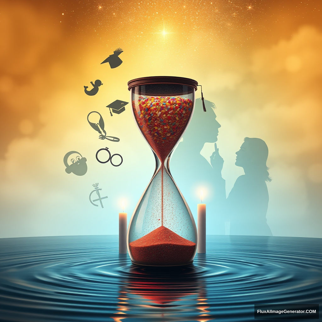 An hourglass centerpiece with colorful sand fading to shimmer. Misty background transitioning from warm gold to cool blue. Floating life symbols: baby items, graduation cap, wedding rings, reading glasses. Flickering candles. Translucent human silhouettes of various ages. Starry sky above with constellation faces. Rippling water reflection below. Dreamlike, somber yet hopeful atmosphere.