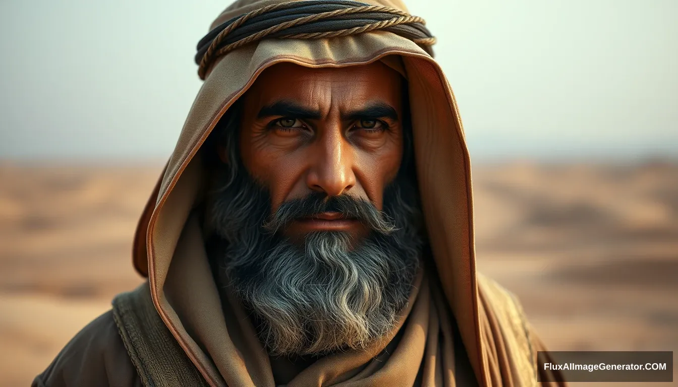 "Portrait of Tamim ad-Dari, an Arab man from the Lakhm tribe, dressed in traditional desert robes of the early 7th century, with a serene and wise expression, set against a backdrop of a Middle Eastern desert landscape. Ultra HD, realistic, cinematic lighting." - Image