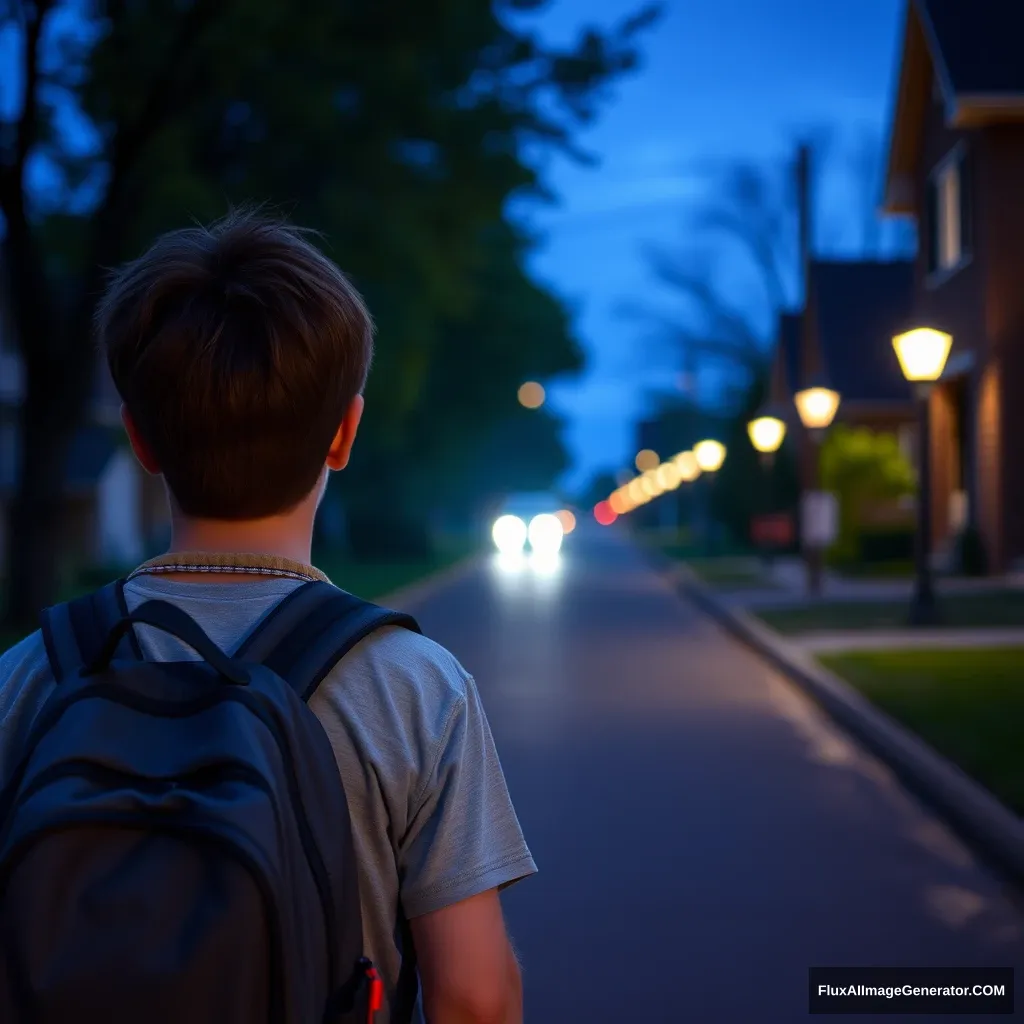 "A middle school student on the way home from school, in the evening, with lights." - Image