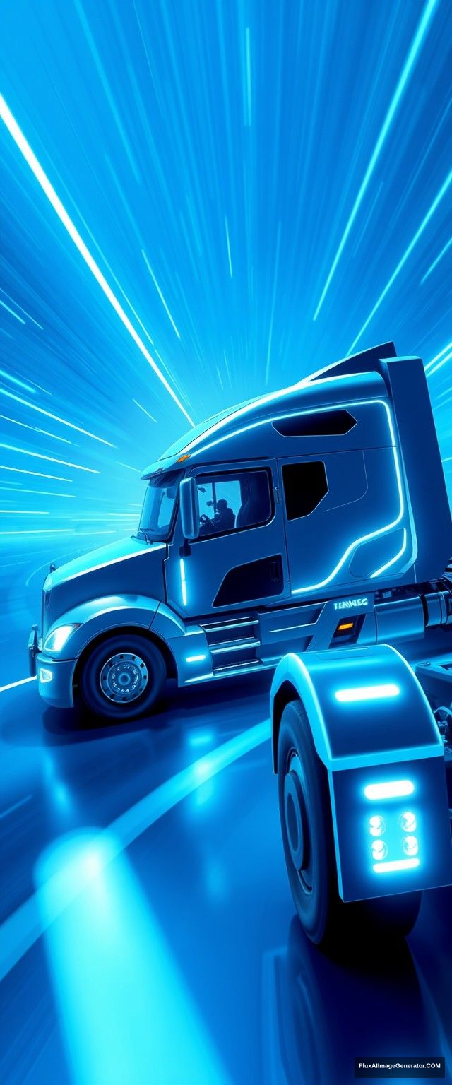 The truck has simple and dynamic lines, driving high-tech trucks, speed lines, glow, the overall picture is bright and clean, full of future, science and technology, blue atmosphere, showing the whole body, panoramic view.