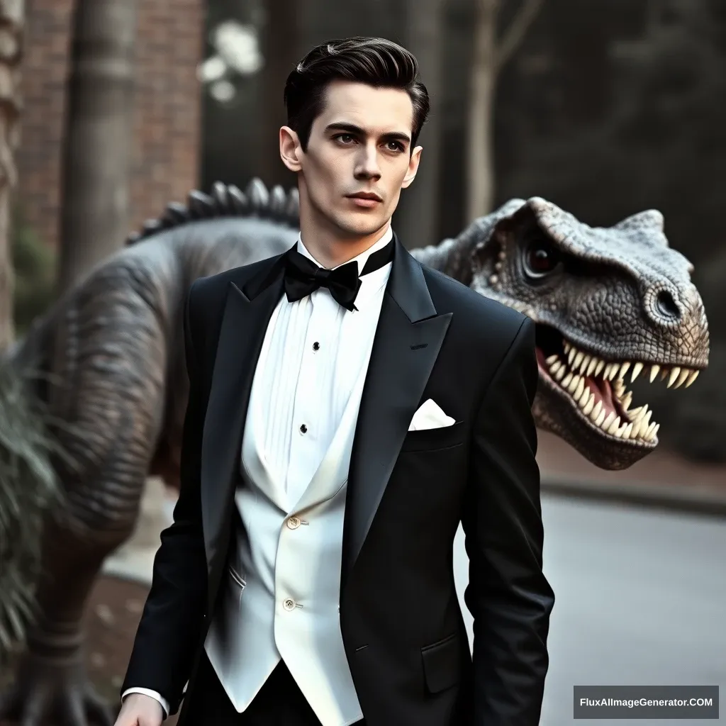 Handsome skinny guy in a tuxedo chased by dinosaur. Photo.