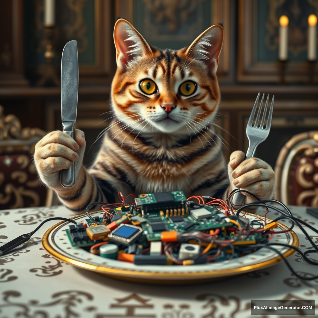 A lifelike tabby cat sits upright at an ornate Victorian dining table, deftly wielding a silver knife and fork. Its plate brims with an assortment of colorful circuit boards, microchips, and tangled wires. Hyper-realistic details capture every whisker, reflecting candlelight in its curious eyes.