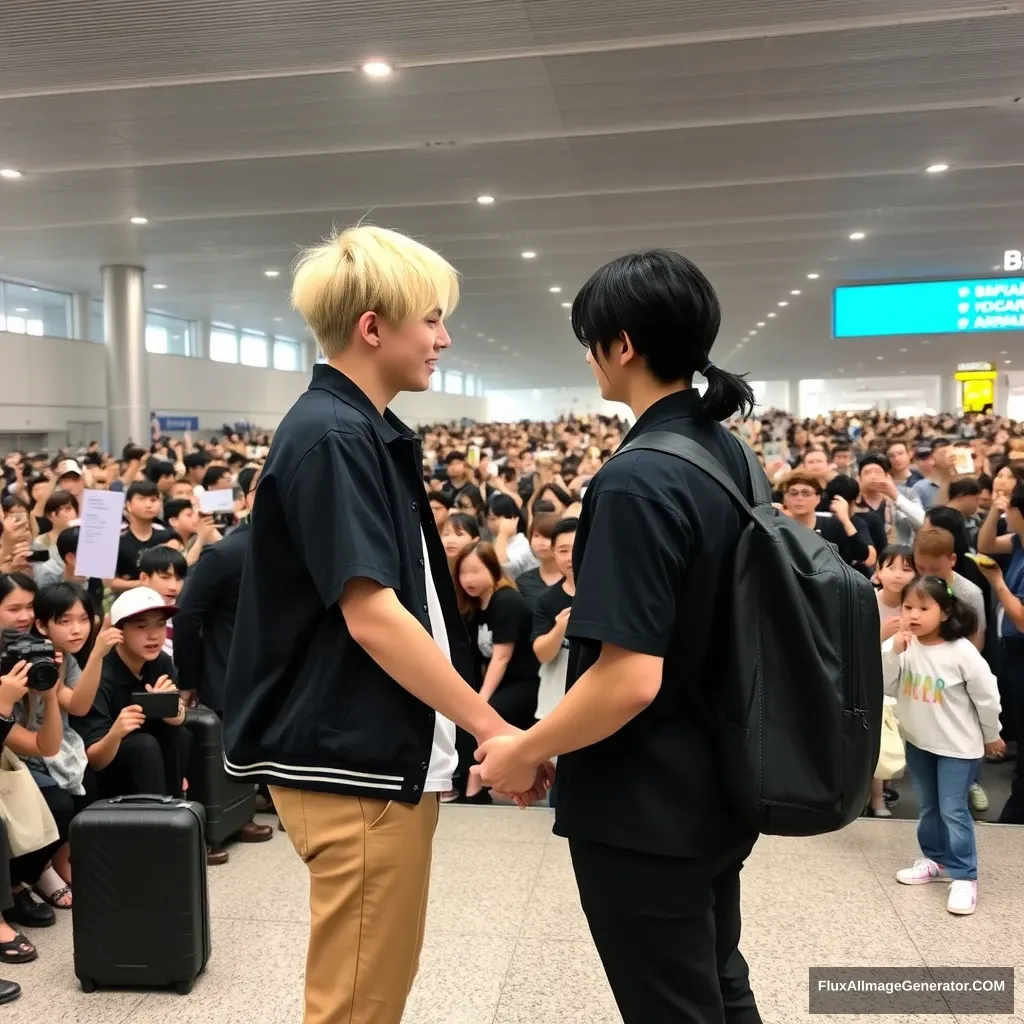 A man with ear-length short blonde hair and a man with low pony-tailed black hair are holding each other's hands in front of a huge crowd of fans at the airport. Both have a K-pop idol style, and the blonde man is slightly taller than the black-haired man. - Image