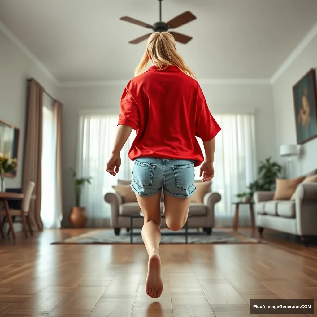 Front view of a blonde skinny woman in her large living room, wearing an extremely oversized red polo t-shirt that hangs off one shoulder and big light blue denim shorts that reach her knees. She has no shoes or socks on and faces the camera as she gets off her chair and runs towards it with both arms straight down at her sides.