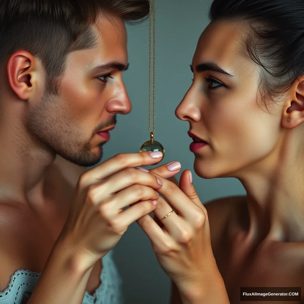 A pretty small delicate and slim lady hypnotizing her much bigger and muscular boyfriend in a session, looking directly into his eyes and swaying a pendant she is holding in her delicate hands in front of his eyes, her eyes are powerful and hypnotic, he is entranced his mouth open in a silly expression.