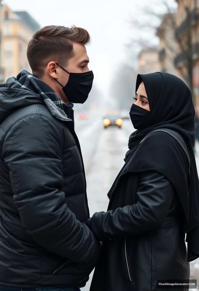 Jamie Dornan, handsome, young, black face mask, snow jacket, jeans, dating a beautiful Muslim girl in a black hijab with beautiful eyes, black face mask, black leather jacket, in a winter scenery, standing together near the road in town, pinching each other's cheeks, photorealistic, street photography.