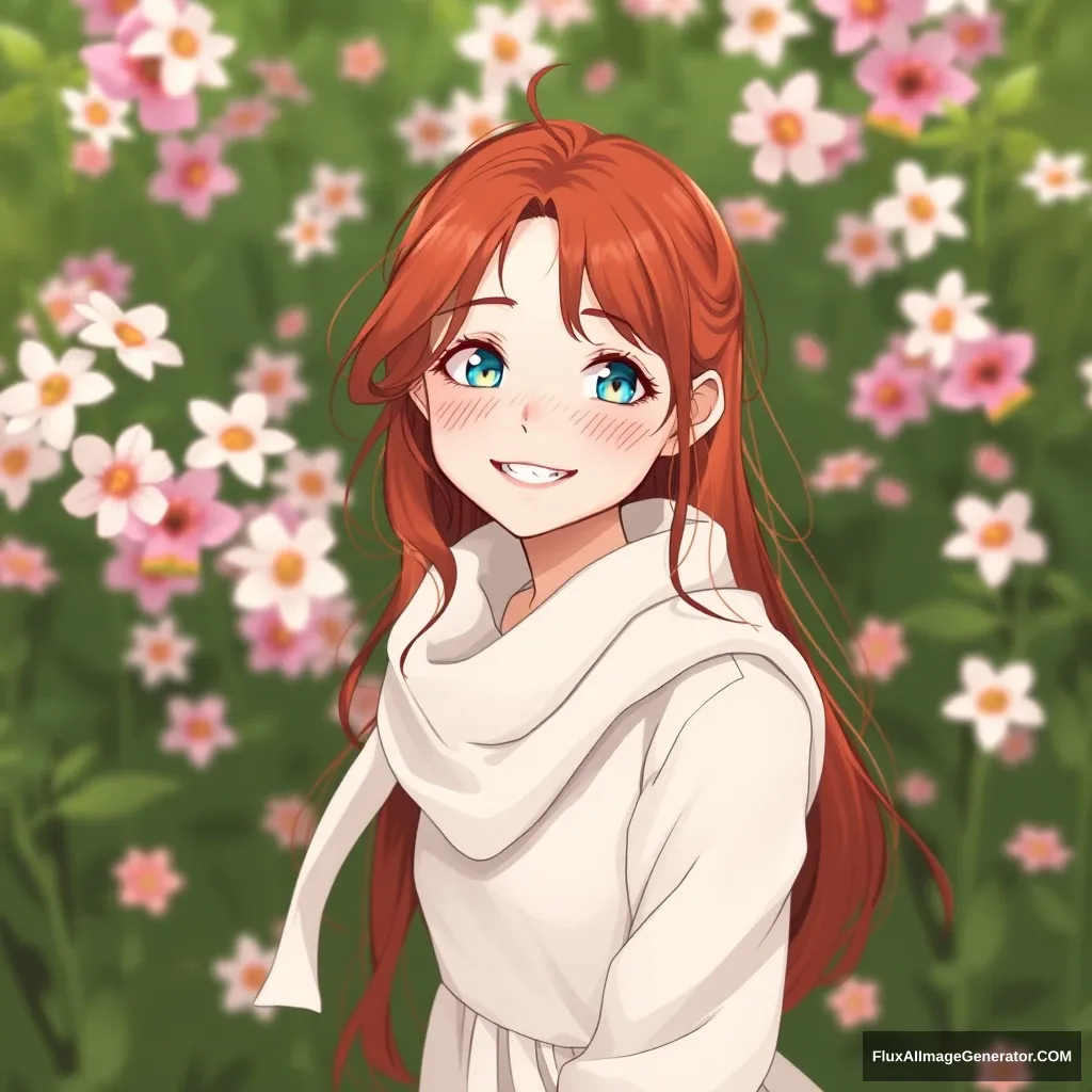 score_9, score_8_up, score_7_up, woman with blue eyes and red hair in a green background, flowers falling, white dress, white long sleeves, white scarf, summer vibes, pale skin, freckles, smiling, teeth, cute, 1 girl, movement,