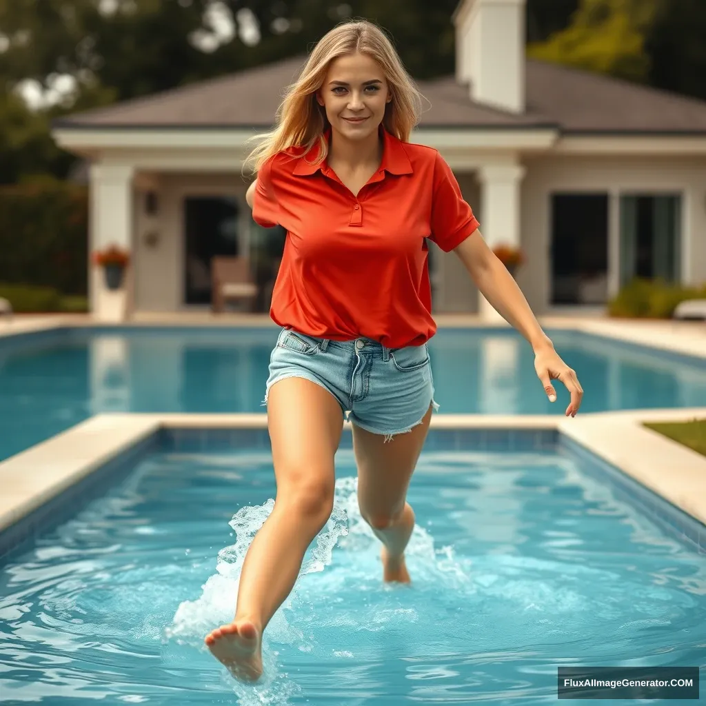 Front view of a young blonde skinny woman who has a good tan is in her early twenties in her massive backyard wearing a massively oversized red polo t-shirt which is a bit off balance on one of the shoulders and the bottom part of her t-shirt isn't tucked in. She is also wearing M-sized light blue denim shorts and no shoes or socks. She dives into her pool with her legs straightened out, halfway underwater, making a big splash. - Image