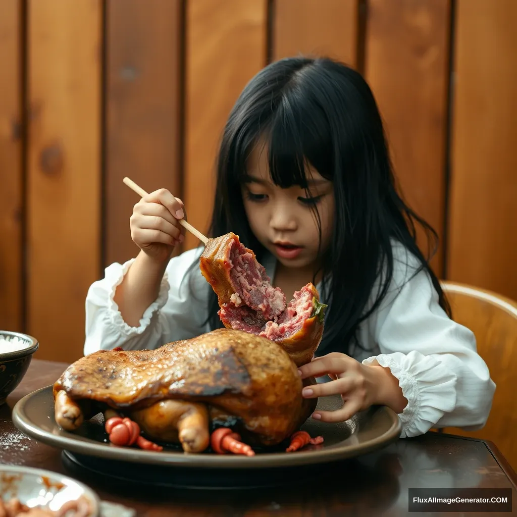 Girl on table, black hair, eating lion meat. - Image