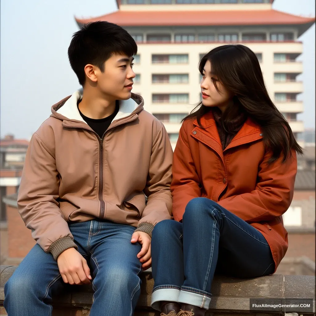 A pair of young Chinese lovers, wearing jackets and jeans, sitting on the roof, the background is Beijing in the 1990s, and the opposite building can be seen. - Image