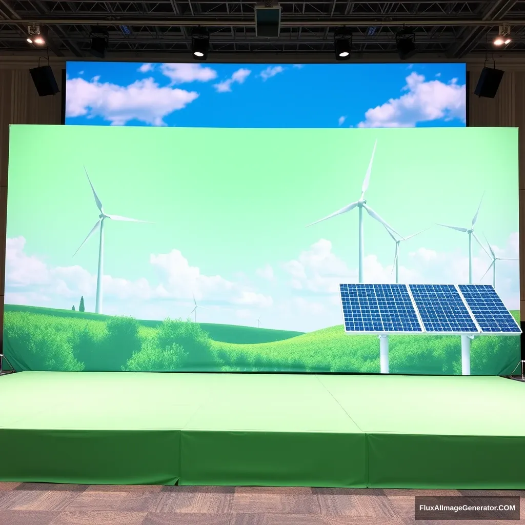 A backdrop for a conference on carbon footprint and carbon neutrality, primarily in green and light blue, highlighting the conference's focus on carbon emission control. It should feature background images showing blue skies, white clouds, wind turbines, and photovoltaics. - Image