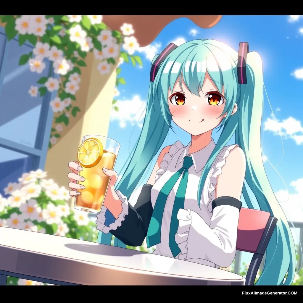 Hatsune Miku sitting at a sunny table, holding a glass of lemon tea with a slice of lemon on the rim. She has a cheerful expression, her turquoise hair flowing gently in the breeze, and the sunlight casting a warm glow around her. The background features blooming flowers and a clear blue sky, enhancing the serene atmosphere. - Image