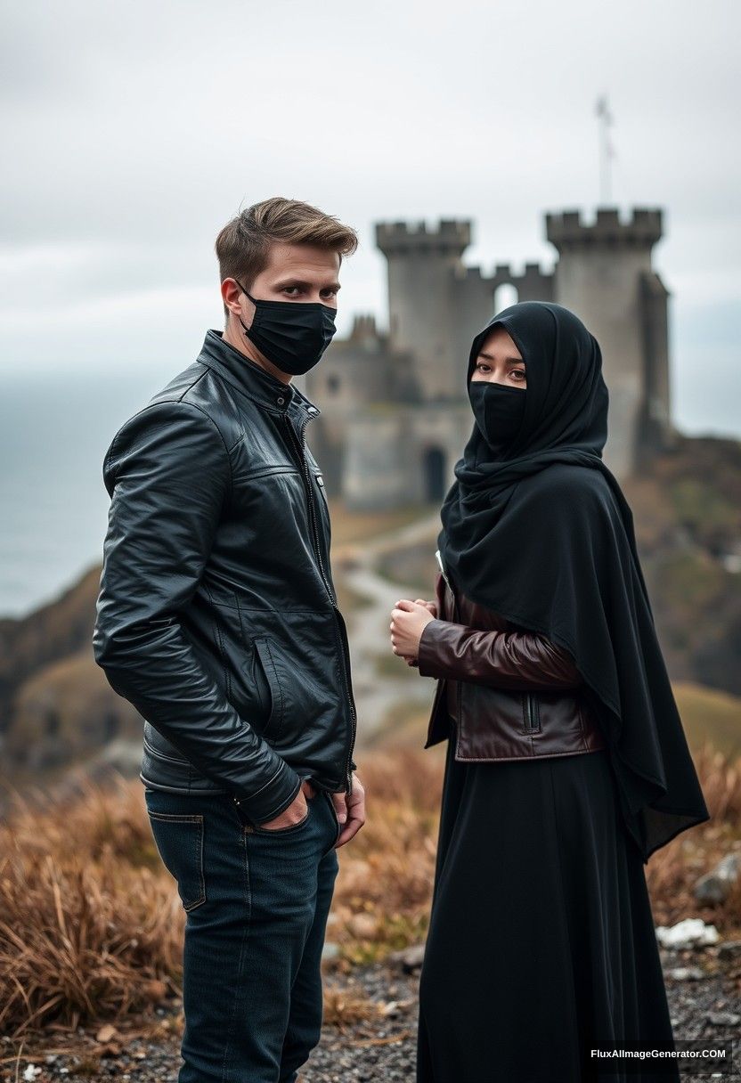 Jamie Dornan's head and body shot, handsome, youngest, black face mask, black leather jacket, jeans, dating, love with the biggest black hijab Muslim girl, not tall, beautiful eyes, face mask, maroon leather jacket, biggest black skirt, hyper-realistic, studio photography, full body photo, explore at an abandoned castle, at sea, gloomy scenery.