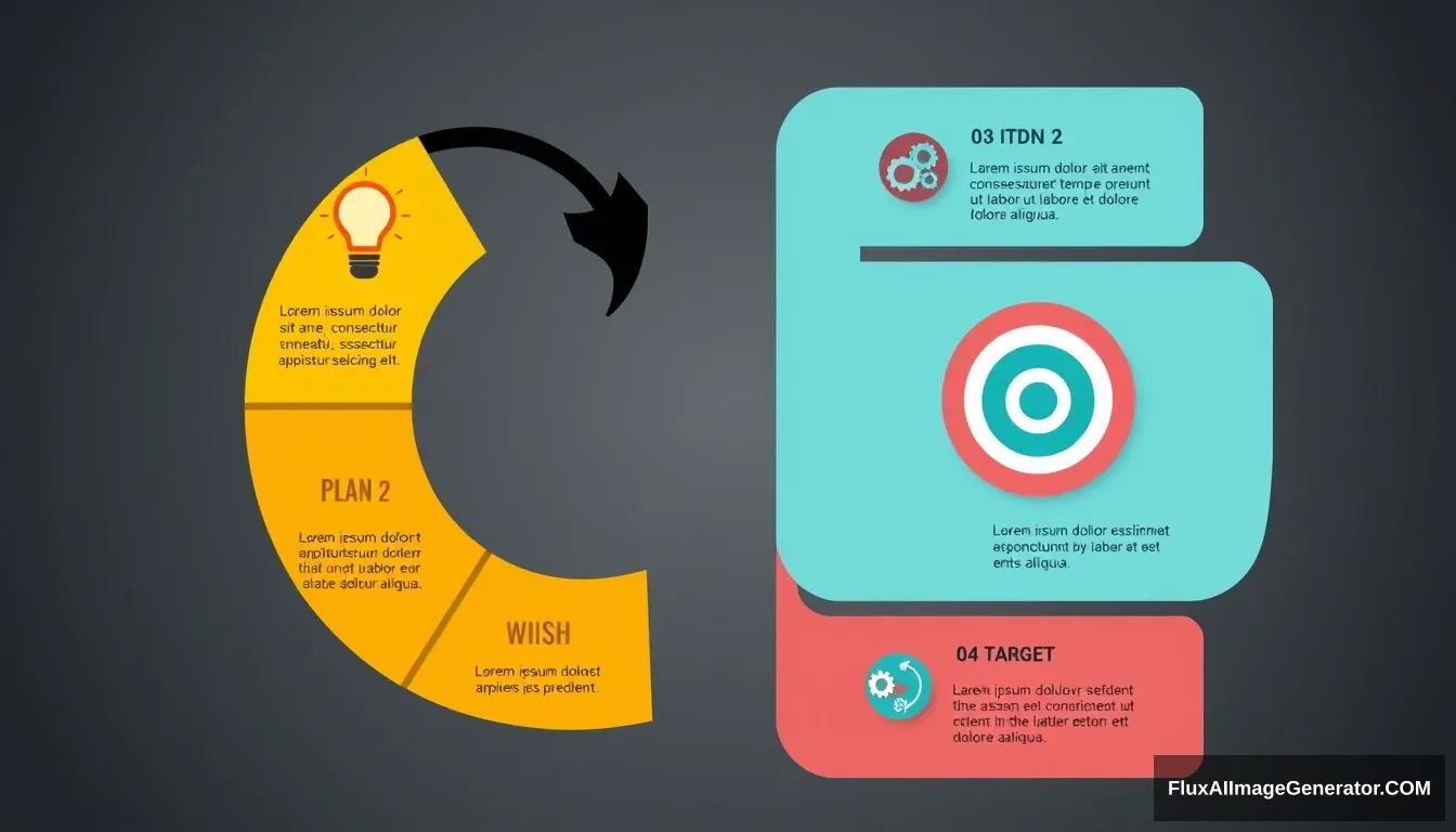 Business timeline infographic, circular diagram divided into 6 colored sections like a pie chart, resembling a snake or spiral. A thick black arrow wraps around the sections showing clockwise progression, with the arrowhead pointing to "FINISH". Section 1: "01 PLAN" icon of a light bulb in orange. Text "Lorem ipsum dolor sit amet, consectetur adipiscing elit. Sed do eiusmod tempor incididunt ut labore et dolore magna aliqua." Section 2: "02" icon of a megaphone in yellow. Section 3: "03 WORK" icon of gears in green. Text "Lorem ipsum dolor sit amet, consectetur adipiscing elit. Sed do eiusmod tempor incididunt ut labore et dolore magna aliqua." Section 4: "04 TARGET" dartboard icon in turquoise blue. Text "Lorem ipsum dolor sit amet, consectetur adipiscing elit. Sed do eiusmod tempor incididunt ut labore et dolore magna aliqua." Section 5: "05" diamond icon in purple. Section 6: "06 FINISH" checkmark icon in dark purple, with "SUCCESS" and smaller text. - Image